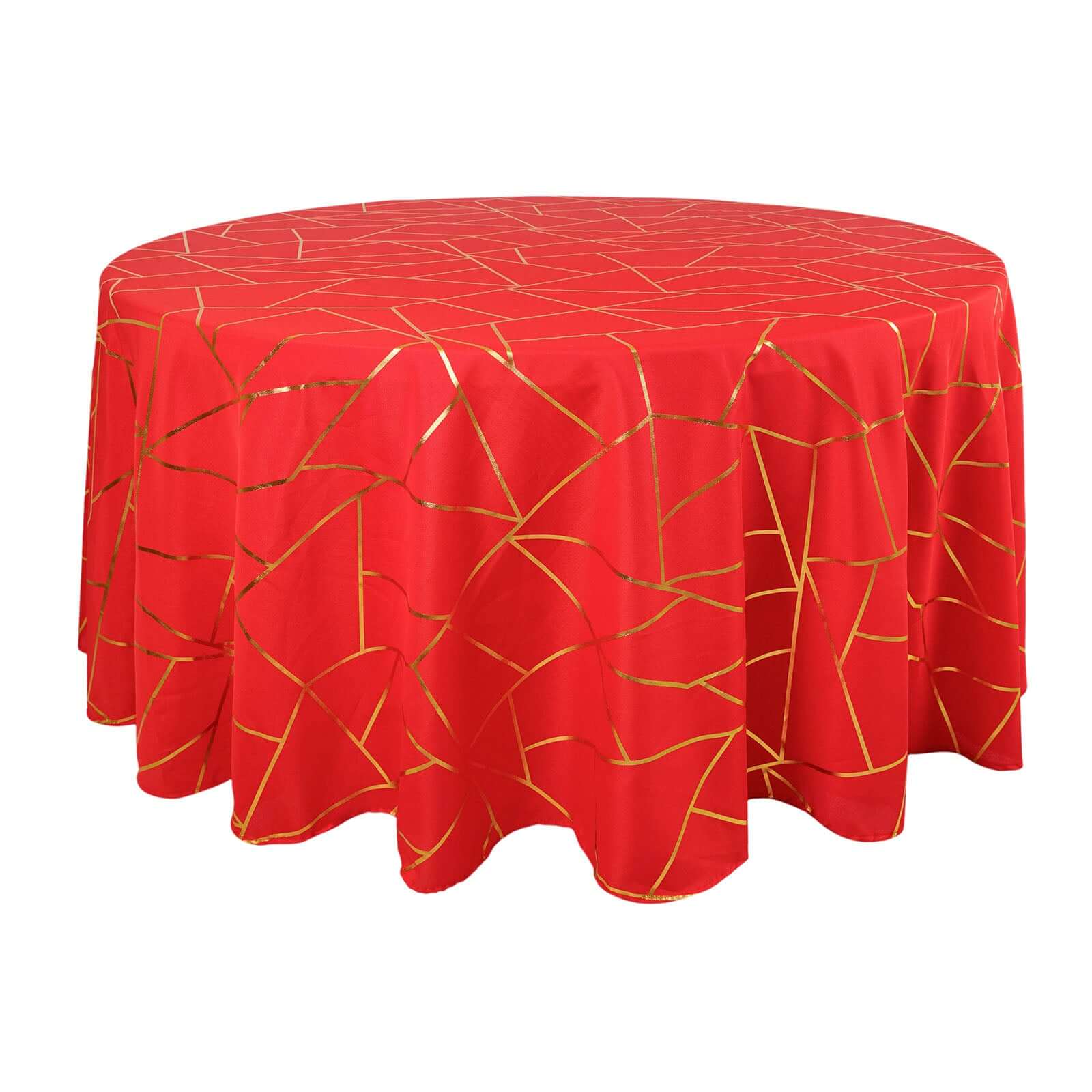 Polyester Round Tablecloth 120" Red with Gold Foil Geometric Pattern - Seamless & Wrinkle-Resistant Table Cover - Image 7