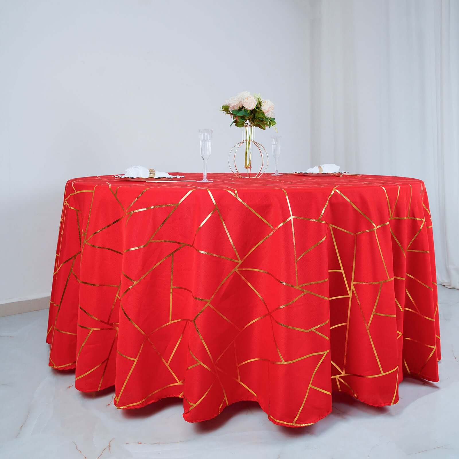 Polyester Round Tablecloth 120" Red with Gold Foil Geometric Pattern - Seamless & Wrinkle-Resistant Table Cover - Image 8