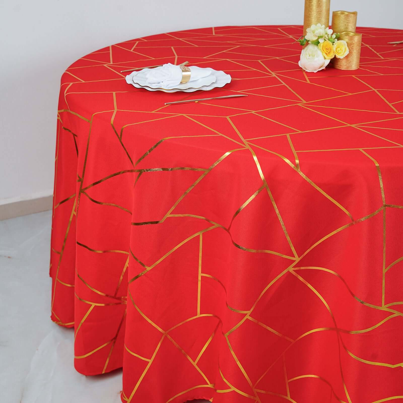 Polyester Round Tablecloth 120" Red with Gold Foil Geometric Pattern - Seamless & Wrinkle-Resistant Table Cover - Image 9