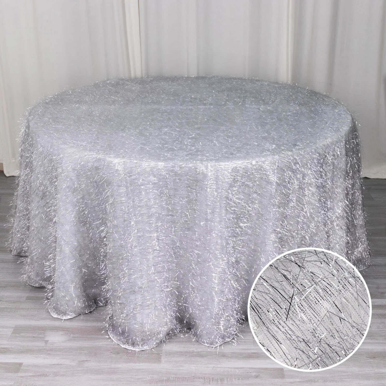 Polyester Round Tablecloth 120" Silver Metallic Fringe Shag Tinsel Table Cover