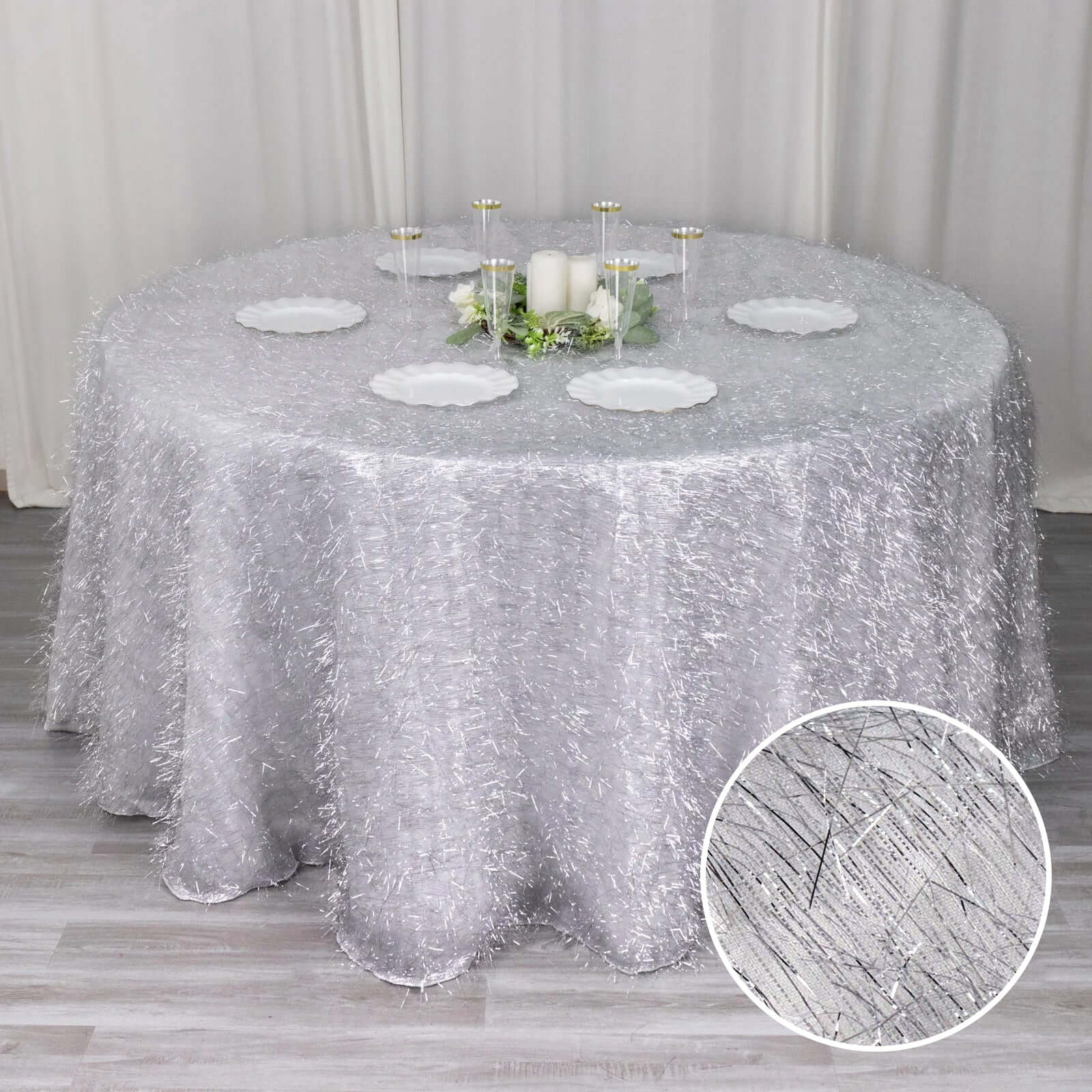 Polyester Round Tablecloth 120" Silver Metallic Fringe Shag Tinsel Table Cover - Image 3