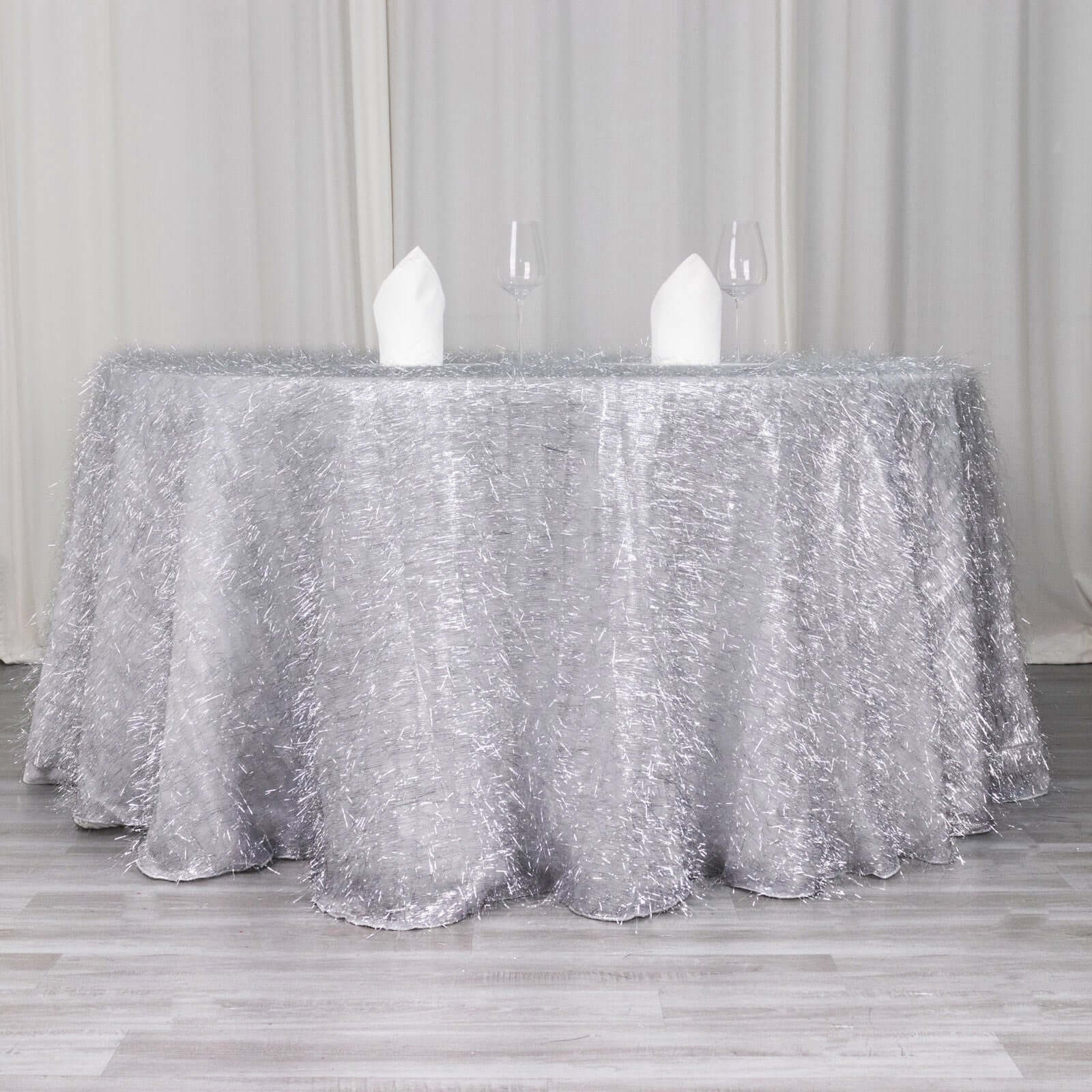 Polyester Round Tablecloth 120" Silver Metallic Fringe Shag Tinsel Table Cover - Image 4