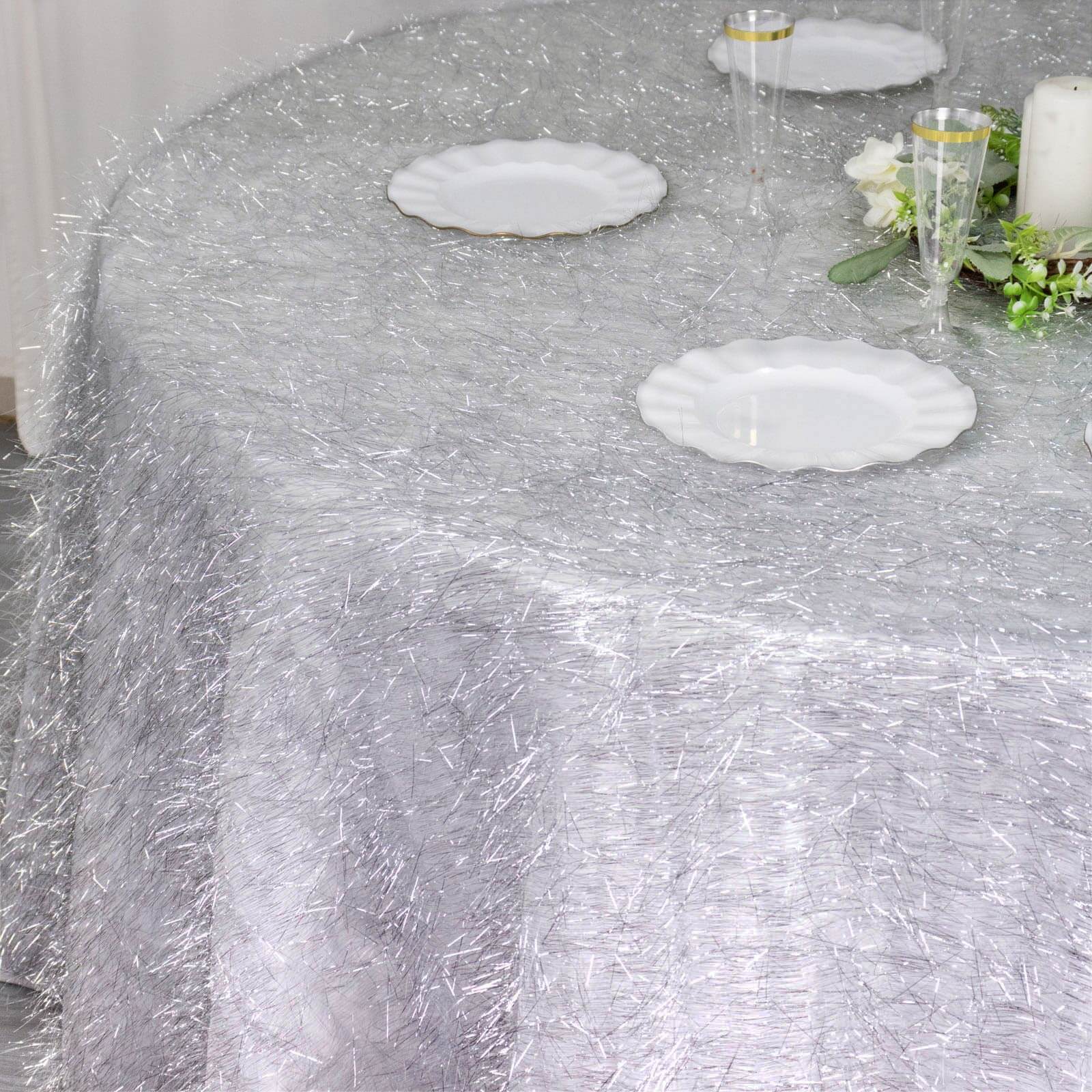 Polyester Round Tablecloth 120" Silver Metallic Fringe Shag Tinsel Table Cover - Image 5