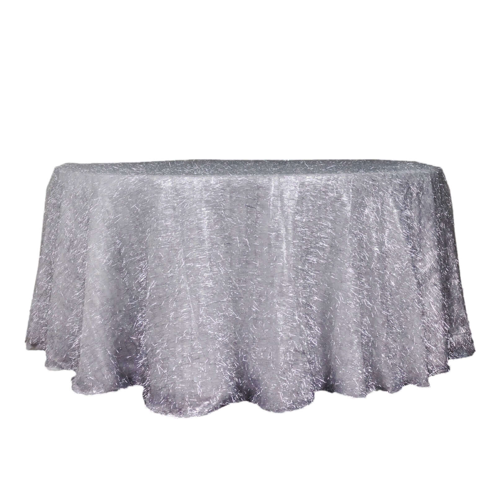 Polyester Round Tablecloth 120" Silver Metallic Fringe Shag Tinsel Table Cover - Image 6