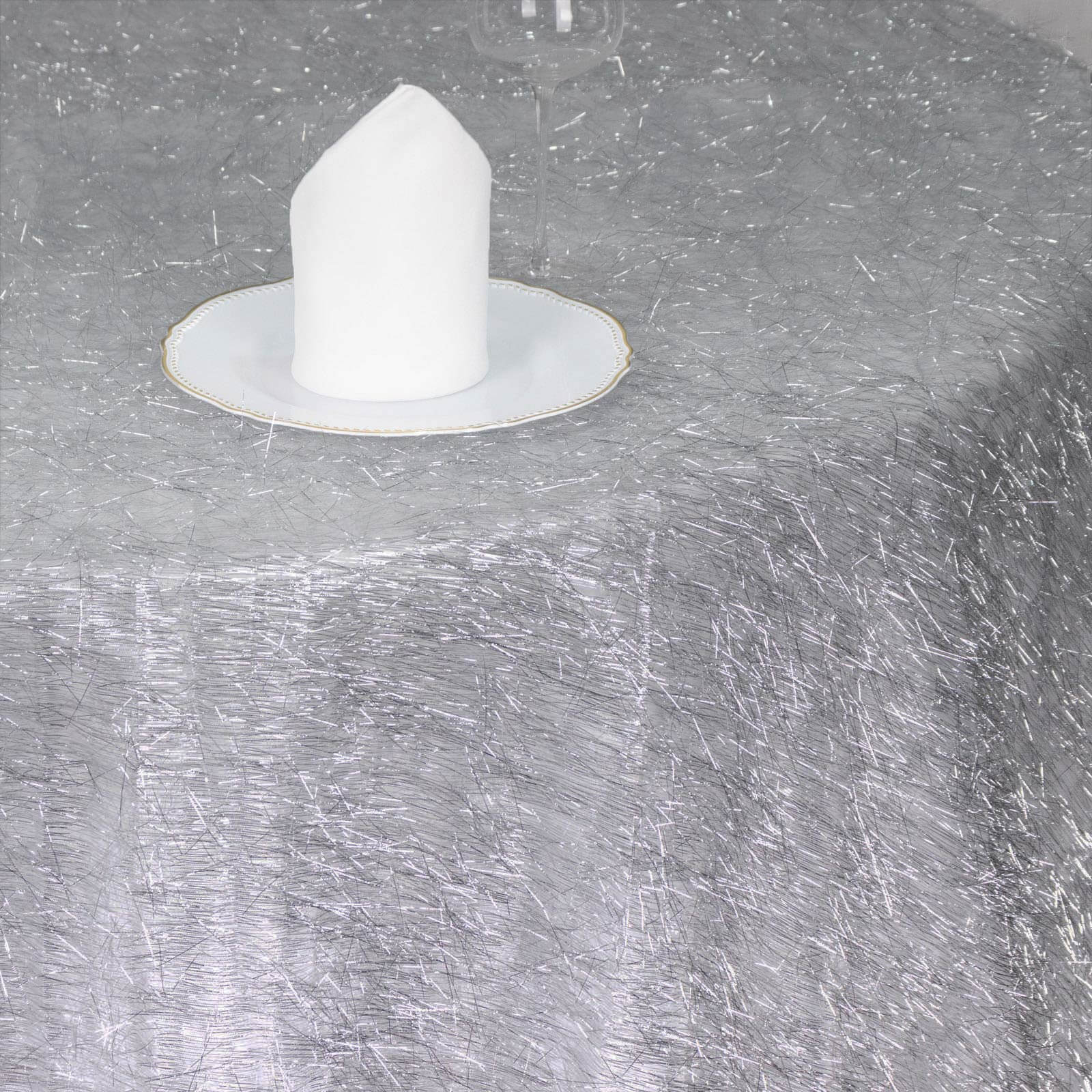 Polyester Round Tablecloth 120" Silver Metallic Fringe Shag Tinsel Table Cover - Image 7