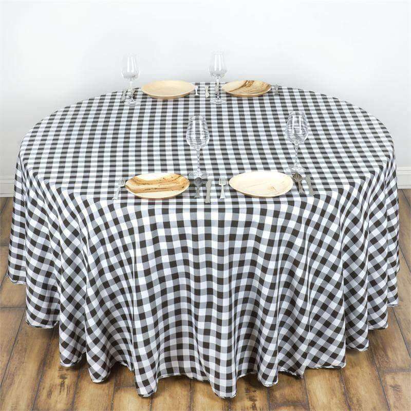 Polyester Round Tablecloth 120" White/Black Checkered Buffalo Plaid Design - Seamless Rustic Table Cover - Image 3