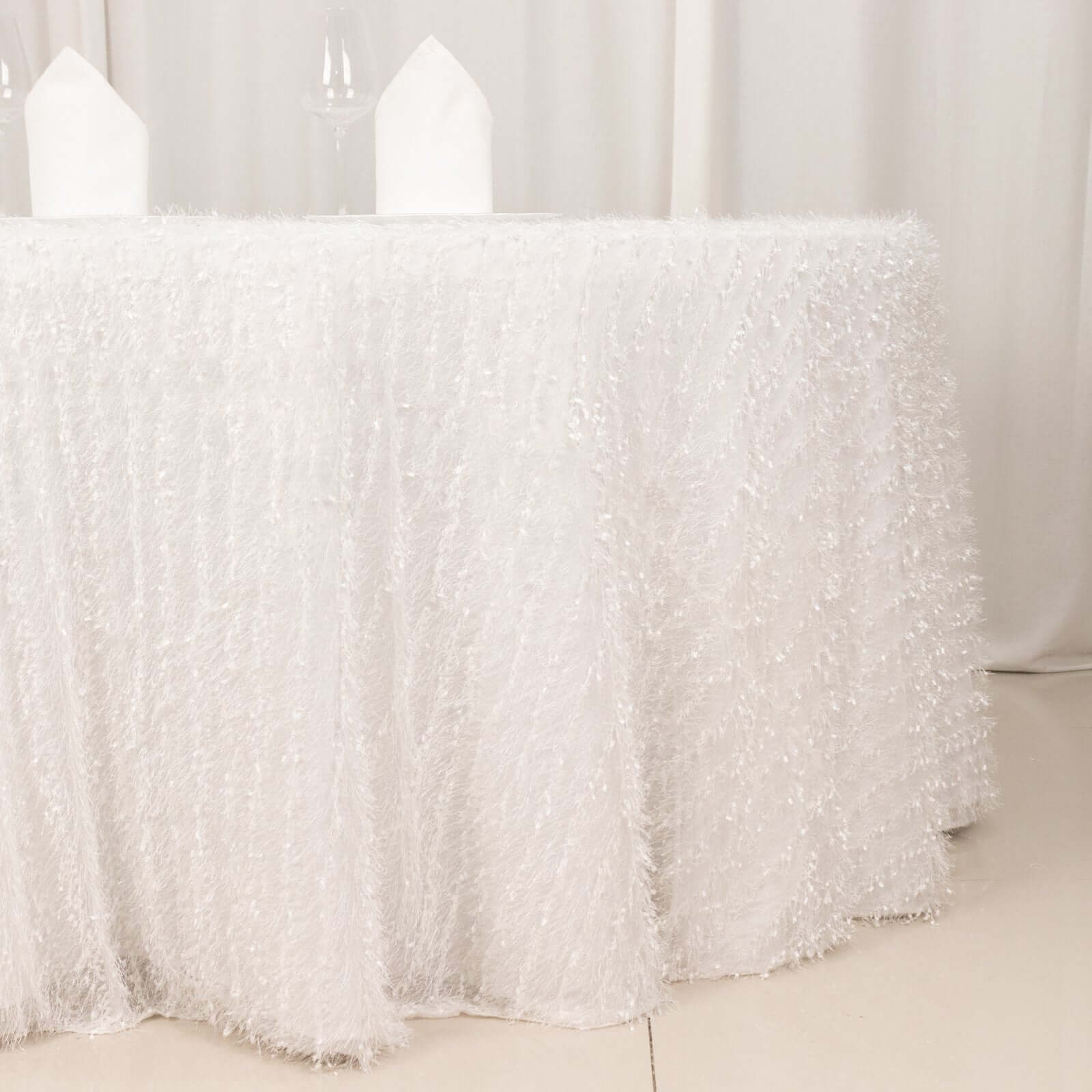 Polyester Round Tablecloth 120" White Fringe Shag Design - Ultra Soft Hypoallergenic Table Cover for Weddings & Festive Events