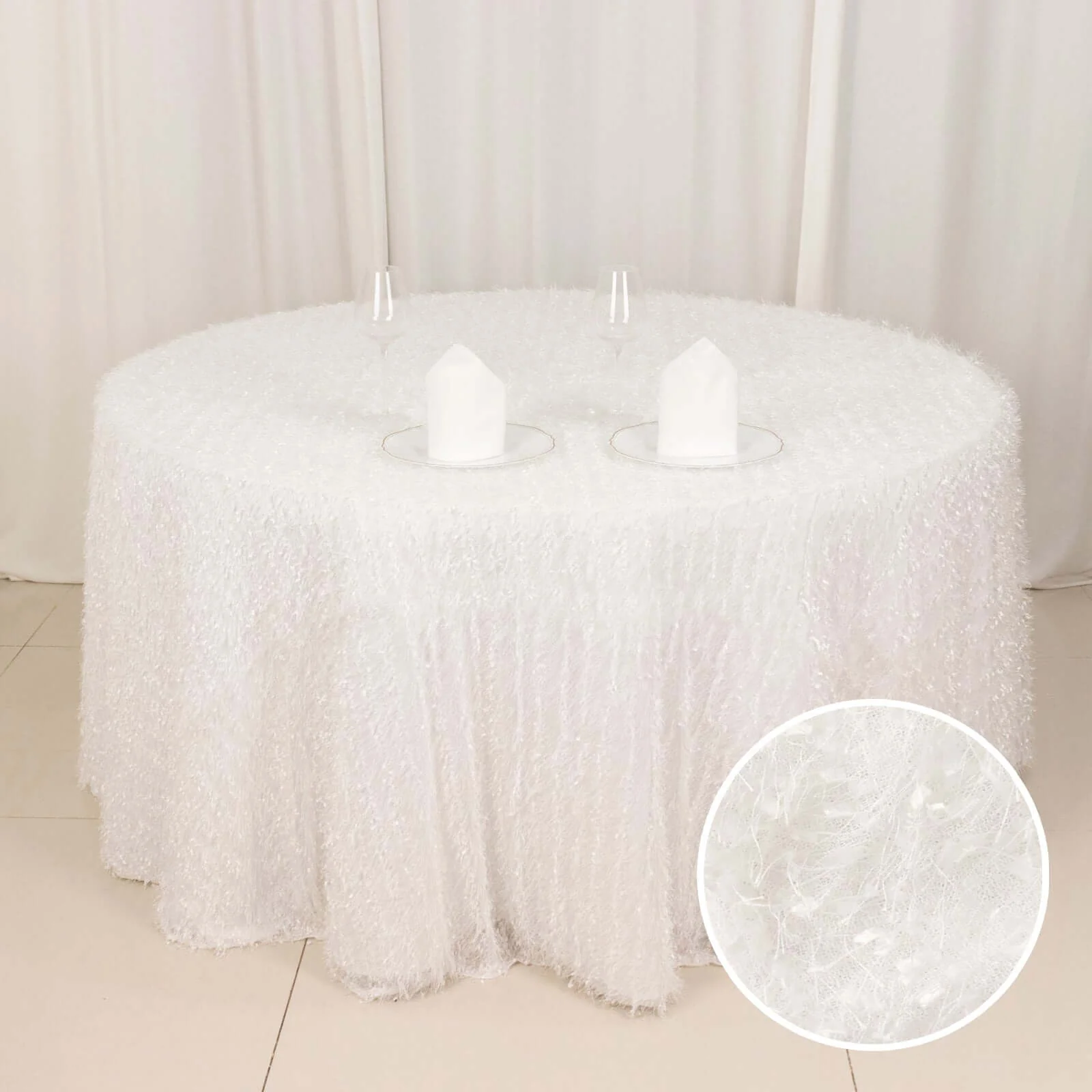 Polyester Round Tablecloth 120" White Fringe Shag Design - Ultra Soft Hypoallergenic Table Cover for Weddings & Festive Events - Image 2