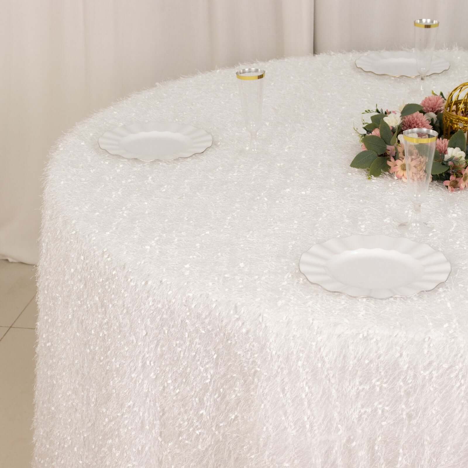 Polyester Round Tablecloth 120" White Fringe Shag Design - Ultra Soft Hypoallergenic Table Cover for Weddings & Festive Events - Image 3
