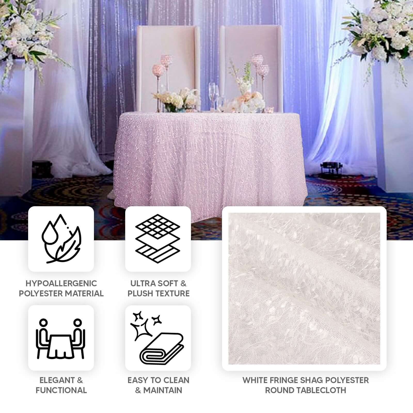 Polyester Round Tablecloth 120" White Fringe Shag Design - Ultra Soft Hypoallergenic Table Cover for Weddings & Festive Events - Image 4