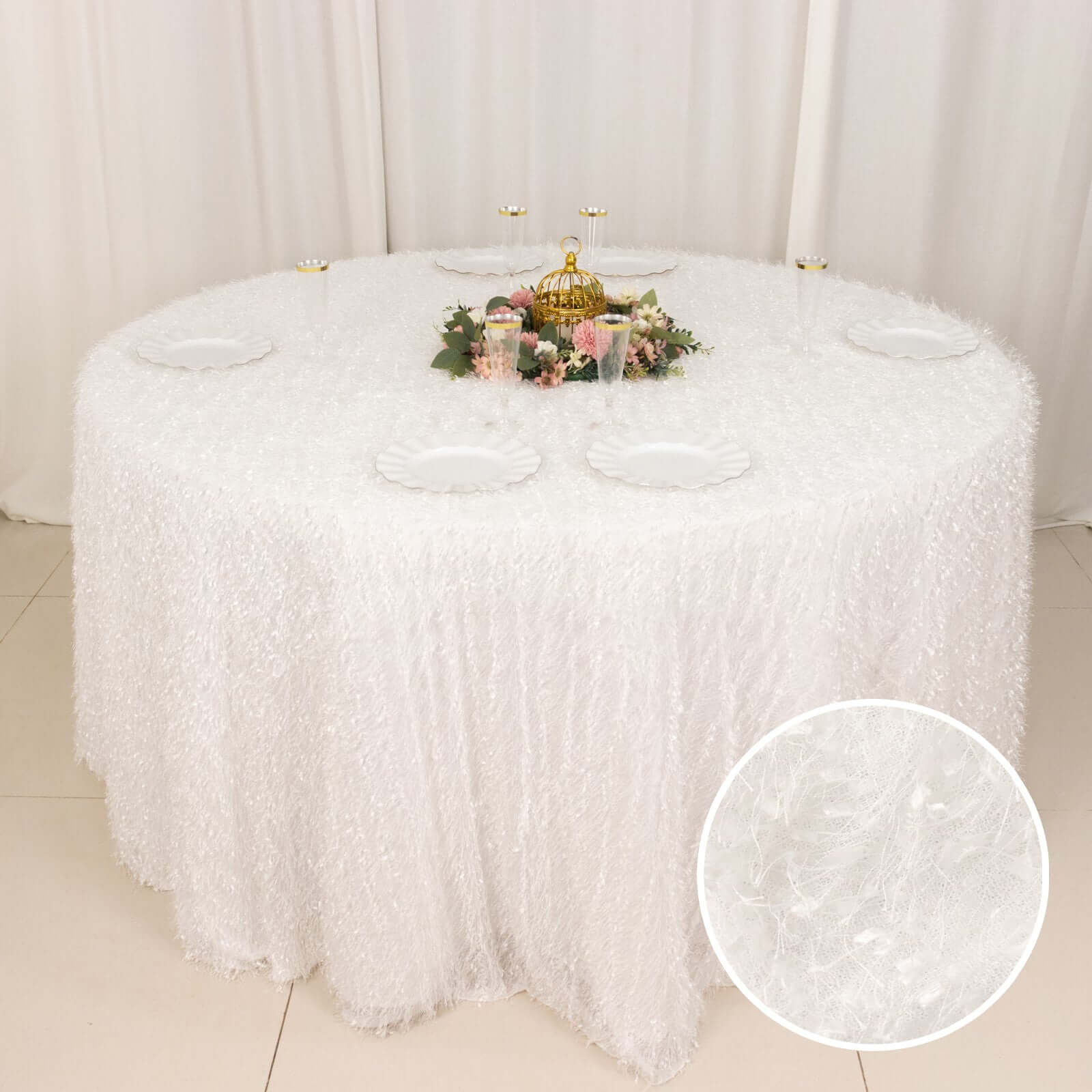 Polyester Round Tablecloth 120" White Fringe Shag Design - Ultra Soft Hypoallergenic Table Cover for Weddings & Festive Events - Image 5