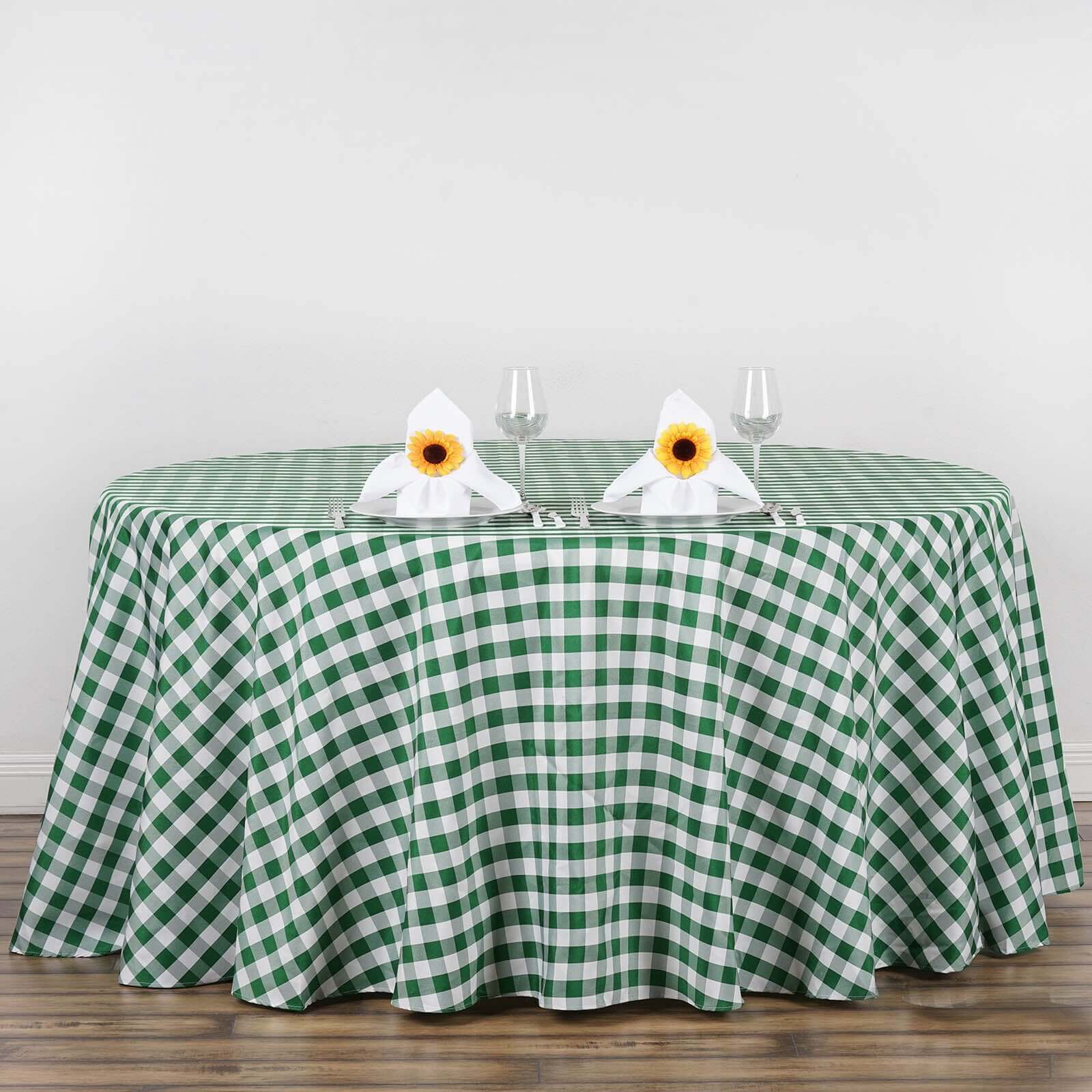 Polyester Round Tablecloth 120" White/Green Checkered Buffalo Plaid Design - Seamless Rustic Table Cover