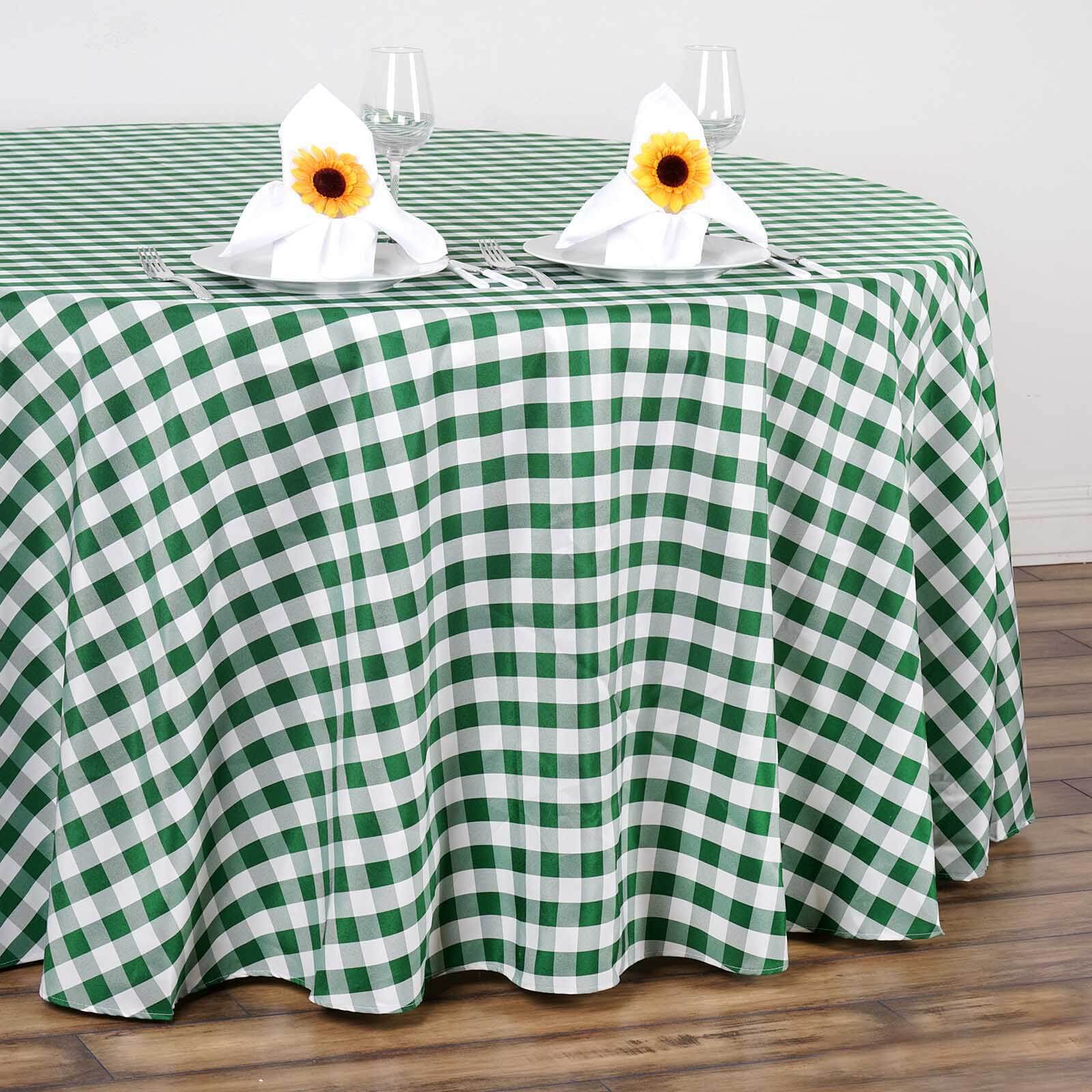 Polyester Round Tablecloth 120" White/Green Checkered Buffalo Plaid Design - Seamless Rustic Table Cover - Image 2