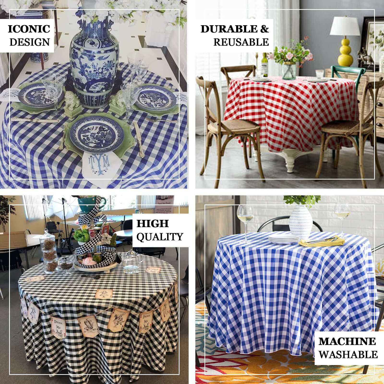 Polyester Round Tablecloth 120" White/Green Checkered Buffalo Plaid Design - Seamless Rustic Table Cover - Image 3