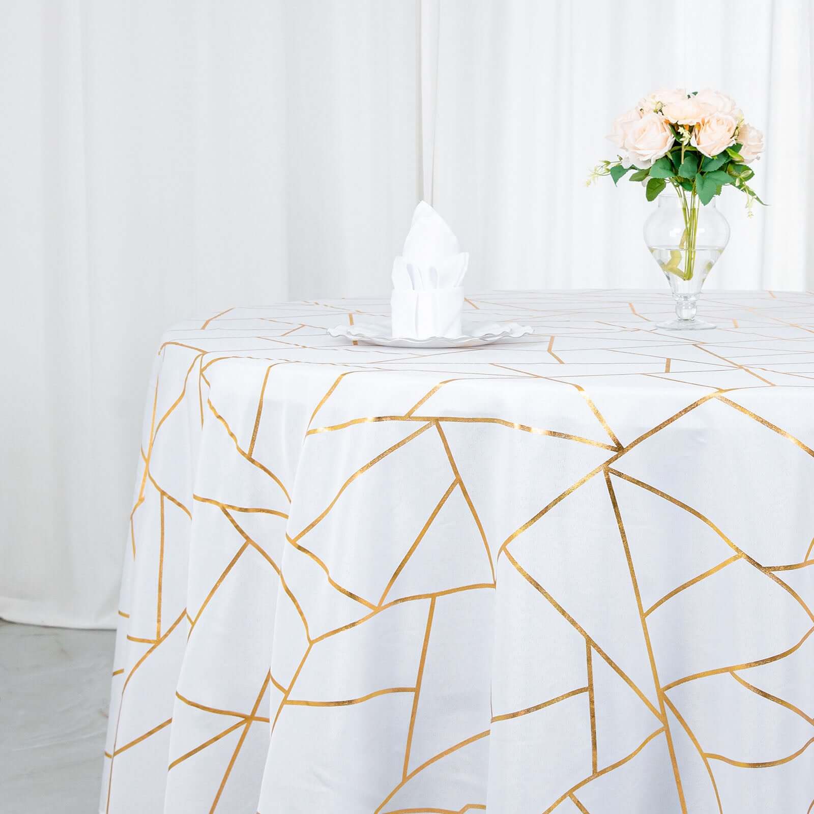 Polyester Round Tablecloth 120" White with Gold Foil Geometric Pattern - Seamless and Wrinkle-Resistant Table Cover for Trendy Weddings & Events - Image 5