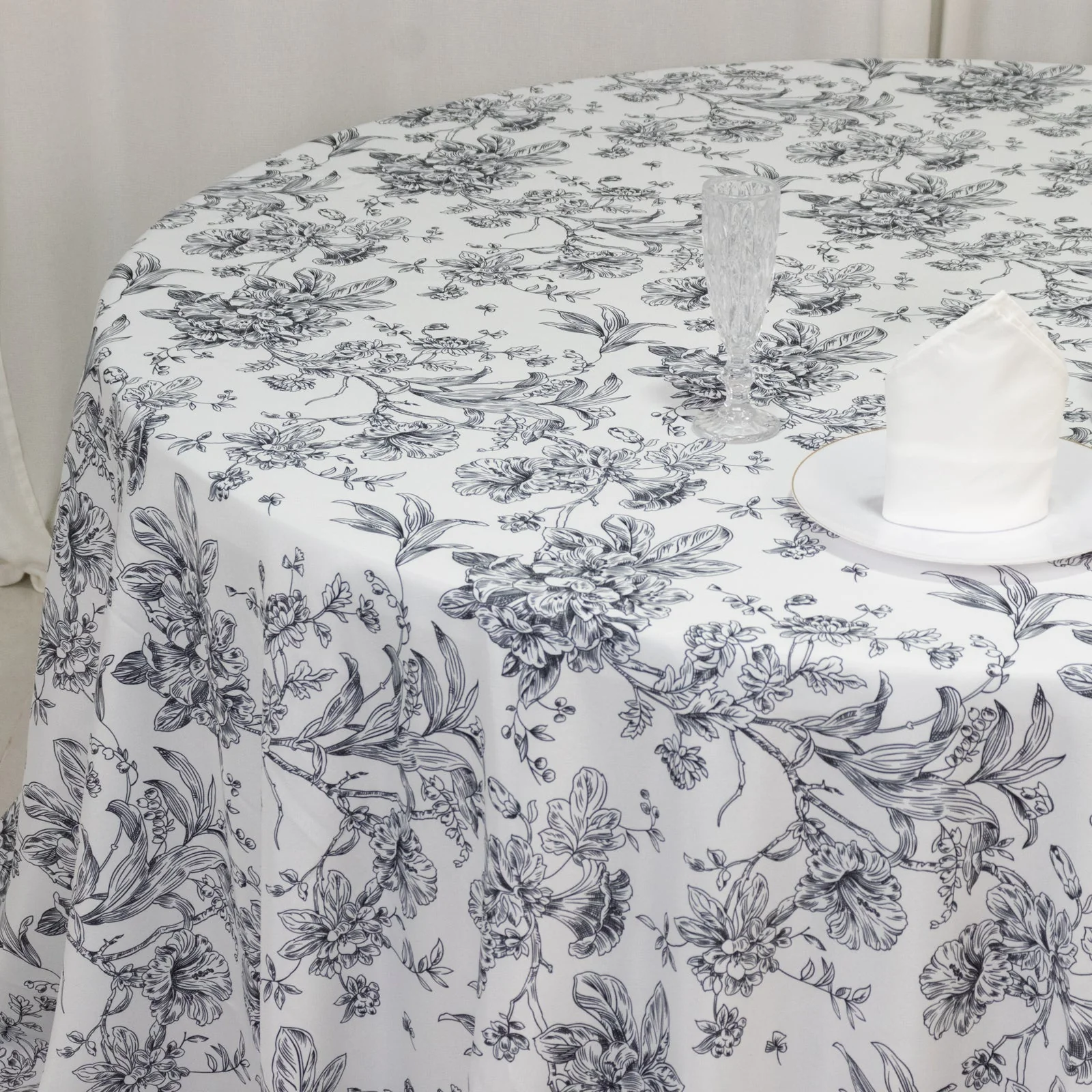 Polyester Round Tablecloth 132" White with Black French Toile Pattern - Sophisticated Table Cover for Chic Weddings & Events - Image 2