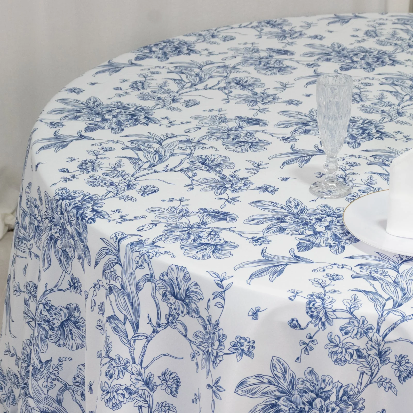 Polyester Round Tablecloth 132" White with Blue French Toile Pattern - Sophisticated Table Cover for Chic Weddings & Events - Image 2