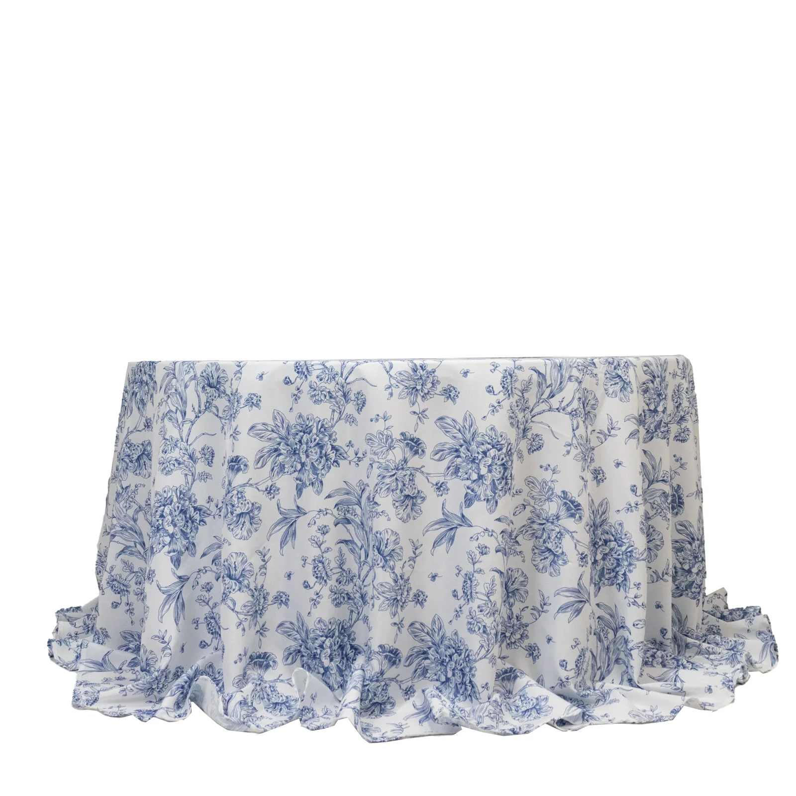 Polyester Round Tablecloth 132" White with Blue French Toile Pattern - Sophisticated Table Cover for Chic Weddings & Events - Image 6