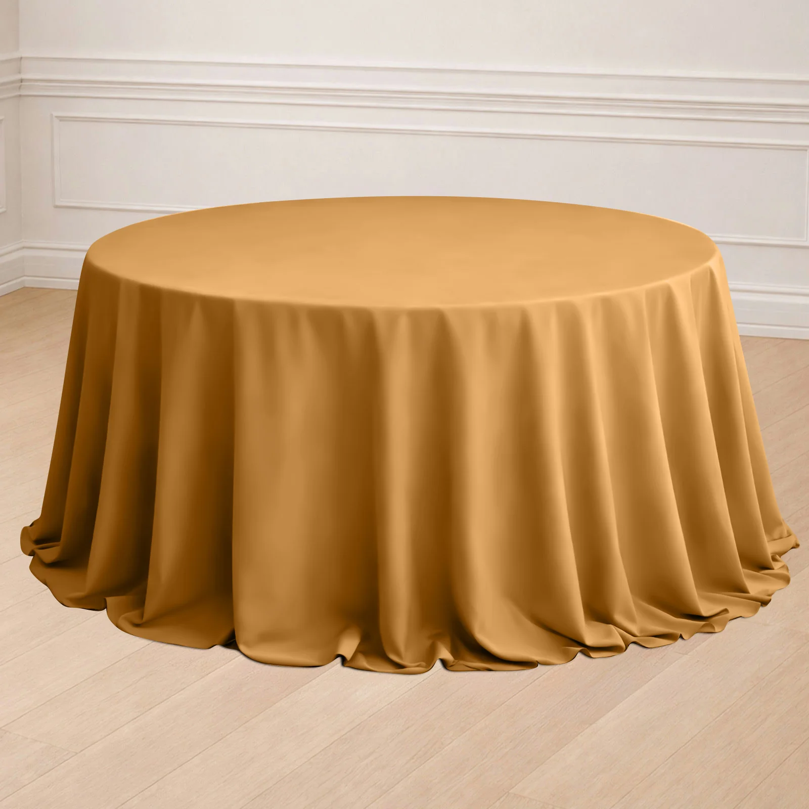Polyester Round Tablecloth 132" Gold with Seamless Finish - Sophisticated Decor for Upscale Occasions - Image 6