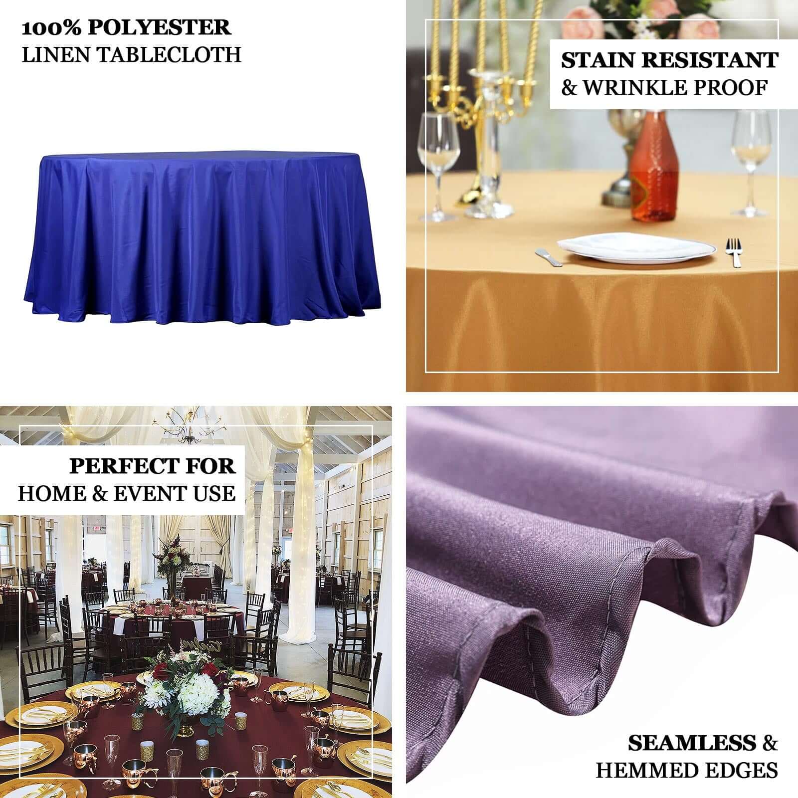 Polyester Round Tablecloth 132" Royal Blue - Seamless Finish Table Cover - Image 4