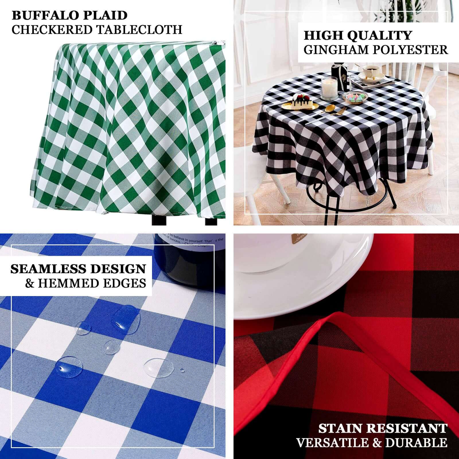 Polyester Round Tablecloth 70" White/Green Checkered Buffalo Plaid Table Cover - Image 4