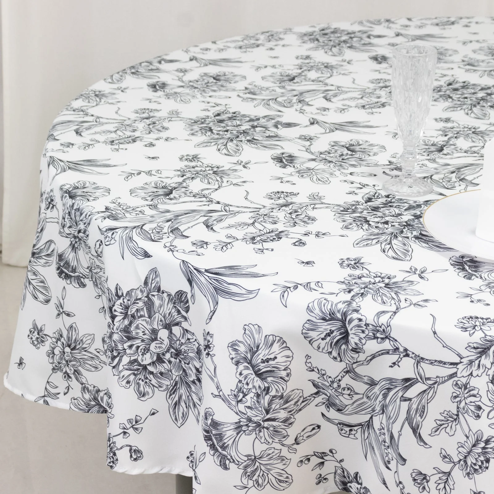 Polyester Round Tablecloth 90" White with Black French Toile Pattern - Sophisticated Table Cover for Chic Weddings & Events - Image 2