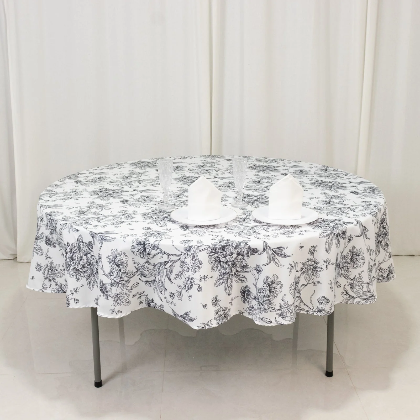 Polyester Round Tablecloth 90" White with Black French Toile Pattern - Sophisticated Table Cover for Chic Weddings & Events - Image 4