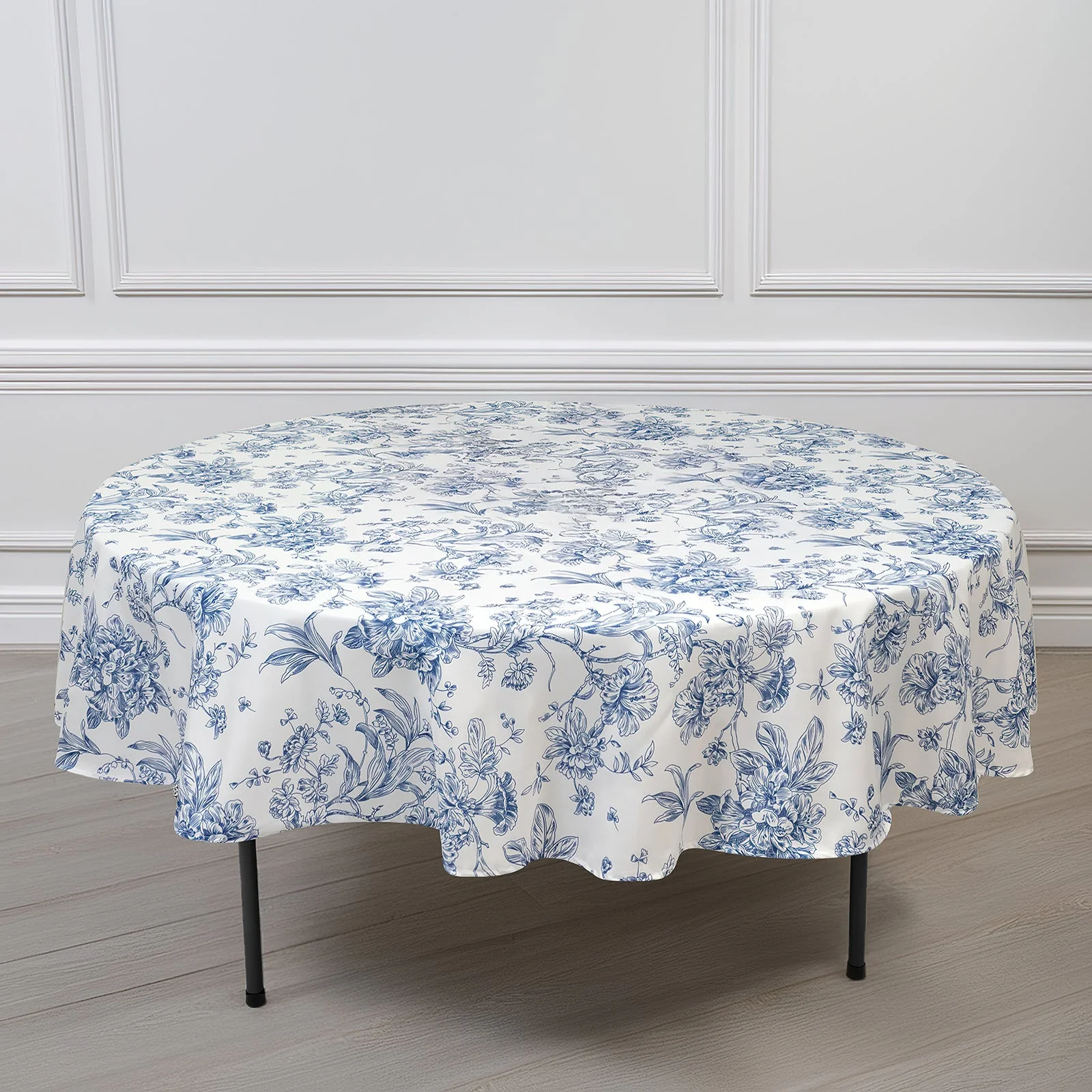 Polyester Round Tablecloth 90" White with Blue French Toile Pattern - Sophisticated Table Cover for Chic Weddings & Events