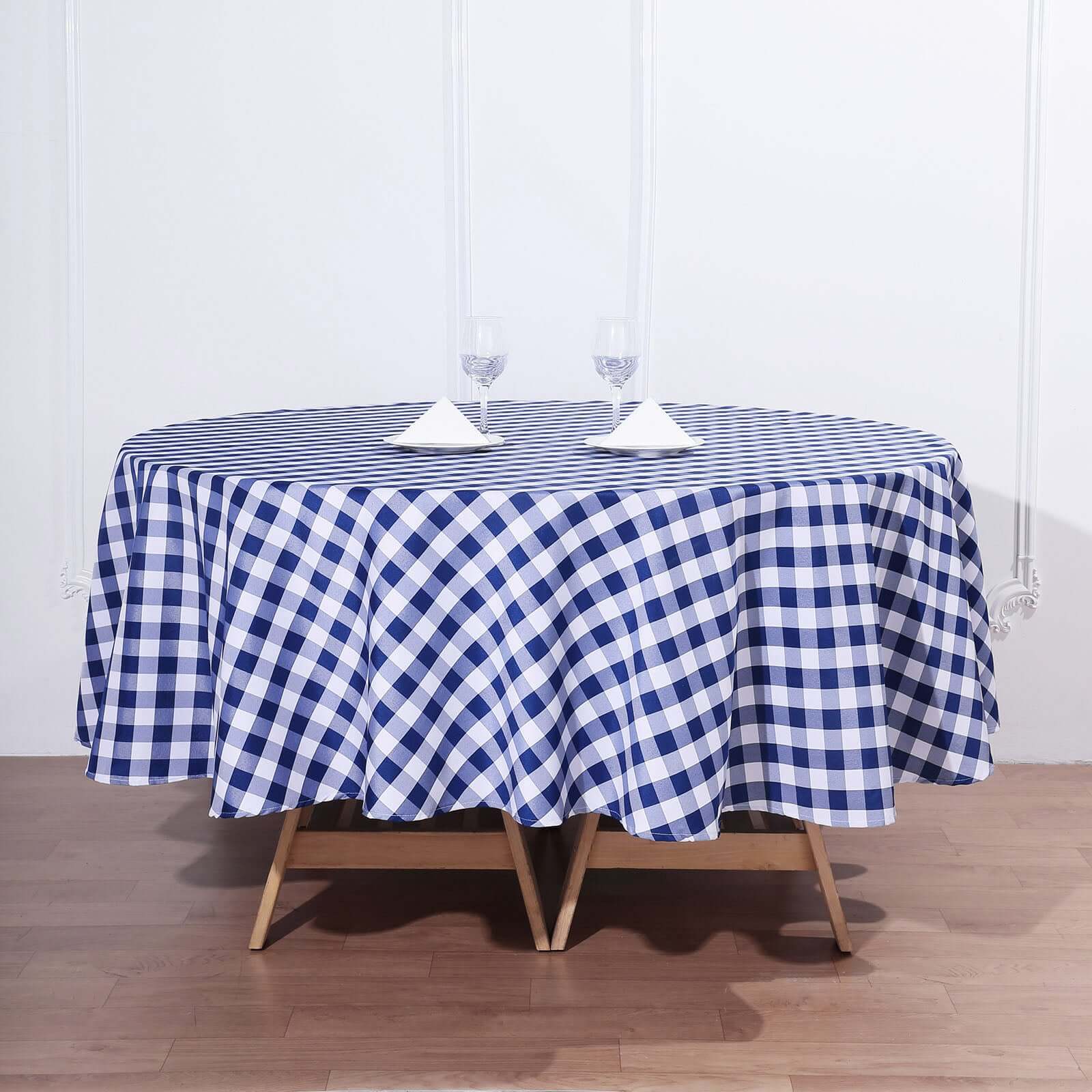 Polyester Round Tablecloth 90" White/Navy Blue Checkered Buffalo Plaid Table Cover - Image 4