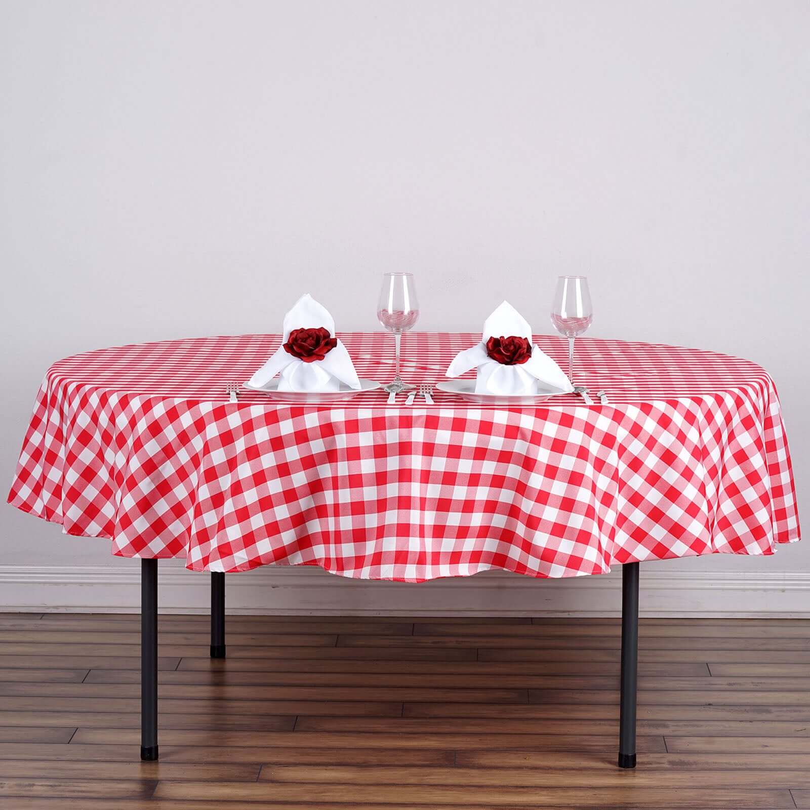 Polyester Round Tablecloth 90" White/Red Checkered Buffalo Plaid Design - Rustic Finish for Farmhouse Gatherings