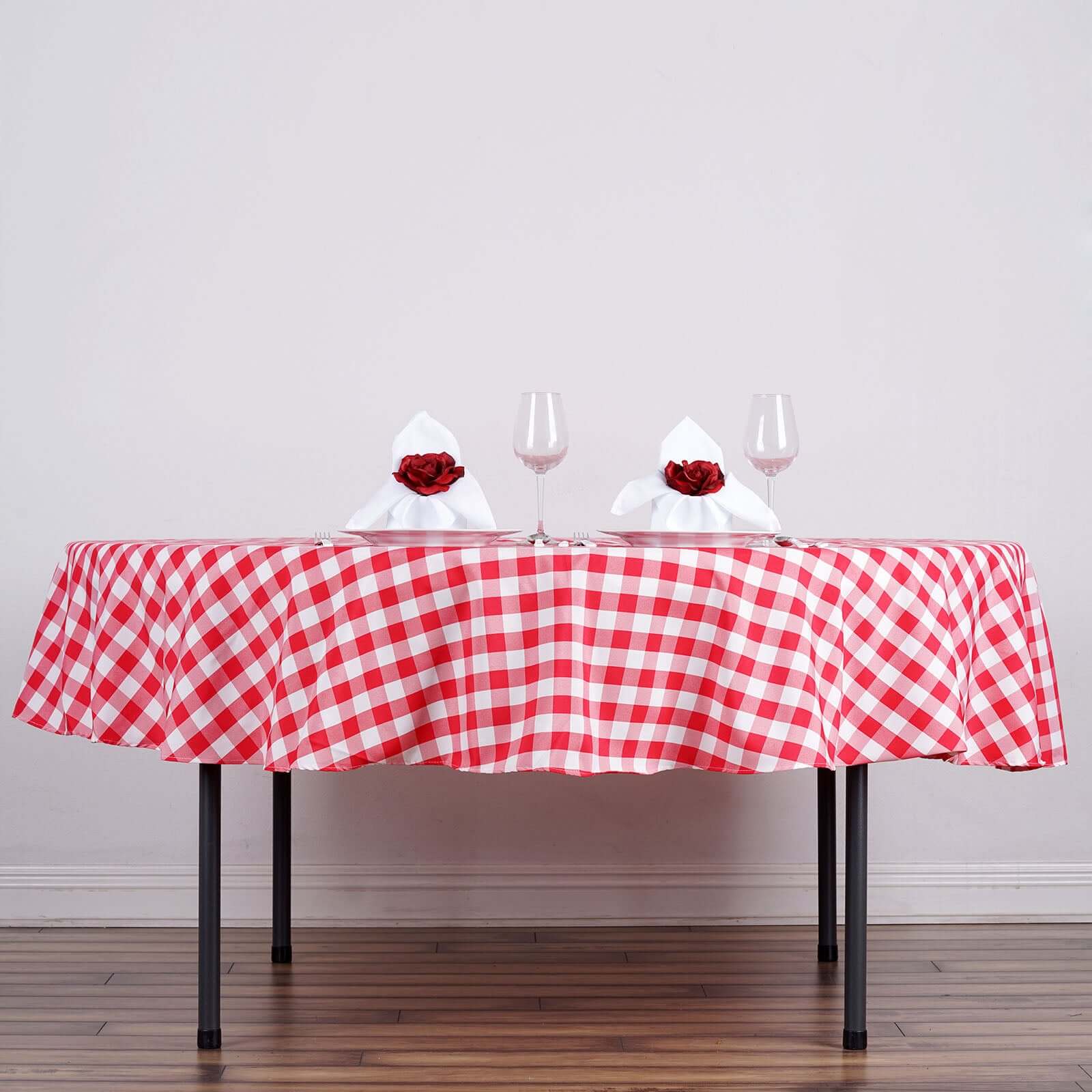 Polyester Round Tablecloth 90" White/Red Checkered Buffalo Plaid Design - Rustic Finish for Farmhouse Gatherings - Image 2