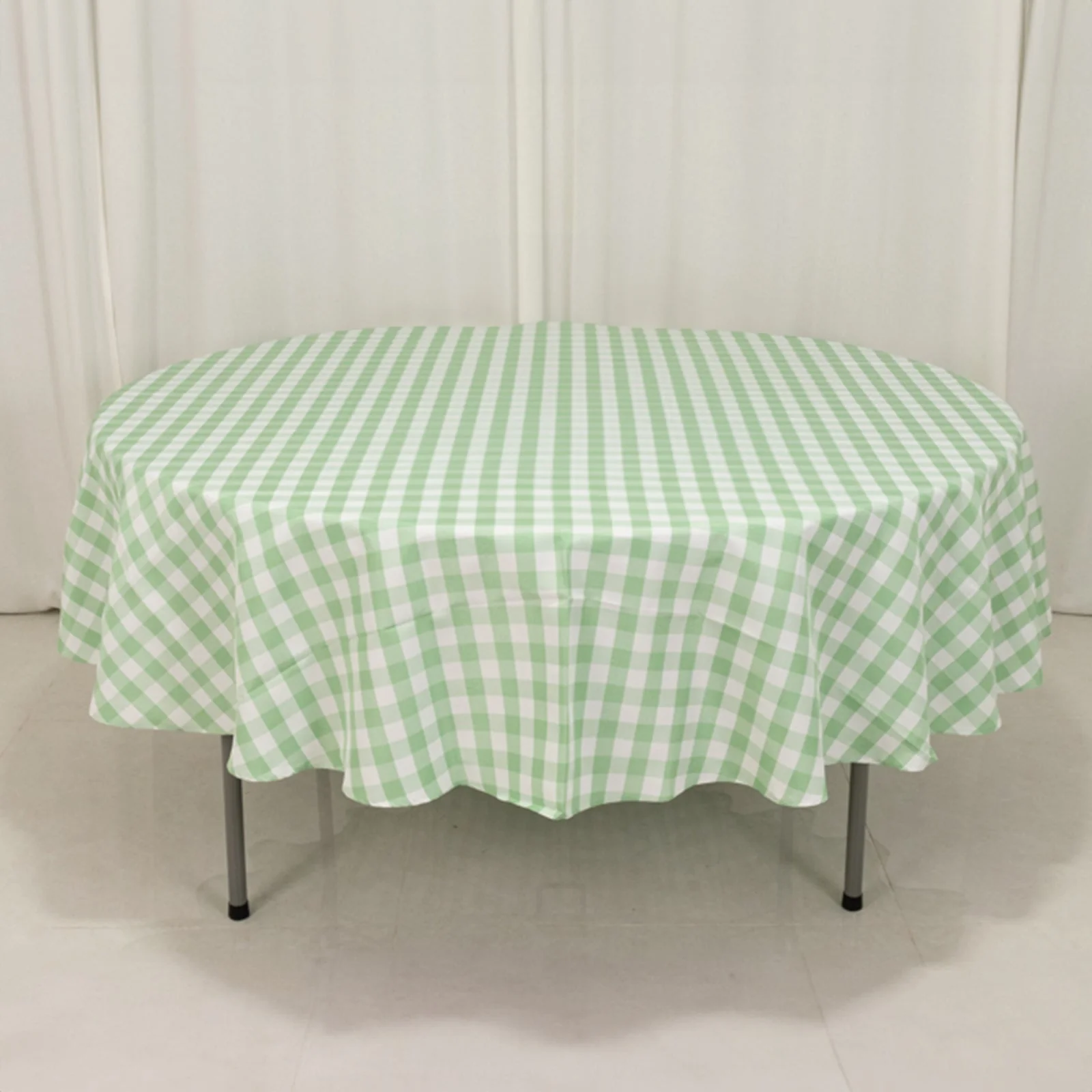 Polyester Round Tablecloth 90" White/Sage Green Checkered Buffalo Plaid Table Cover