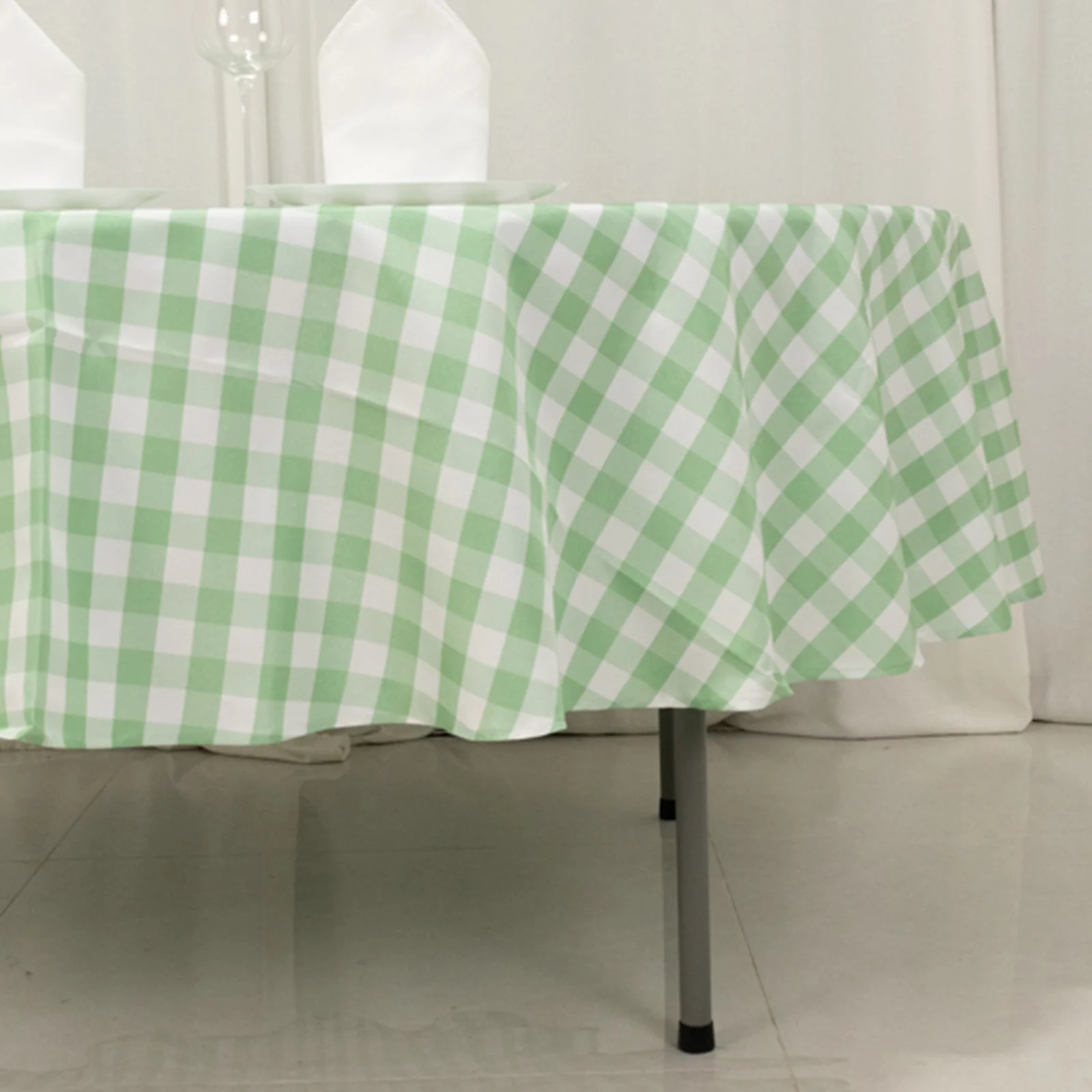 Polyester Round Tablecloth 90" White/Sage Green Checkered Buffalo Plaid Table Cover - Image 2
