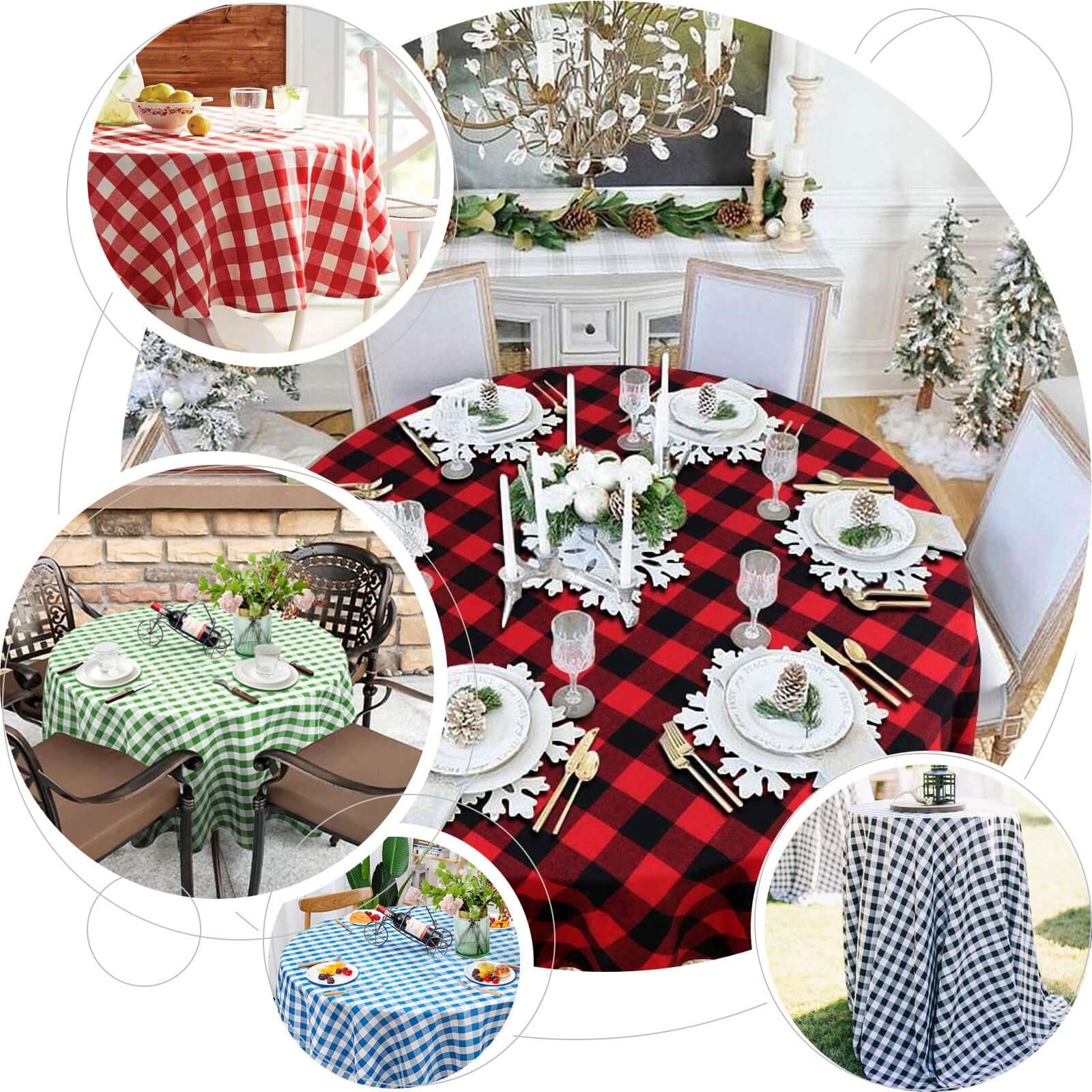 Polyester Round Tablecloth 90" White/Sage Green Checkered Buffalo Plaid Table Cover - Image 5