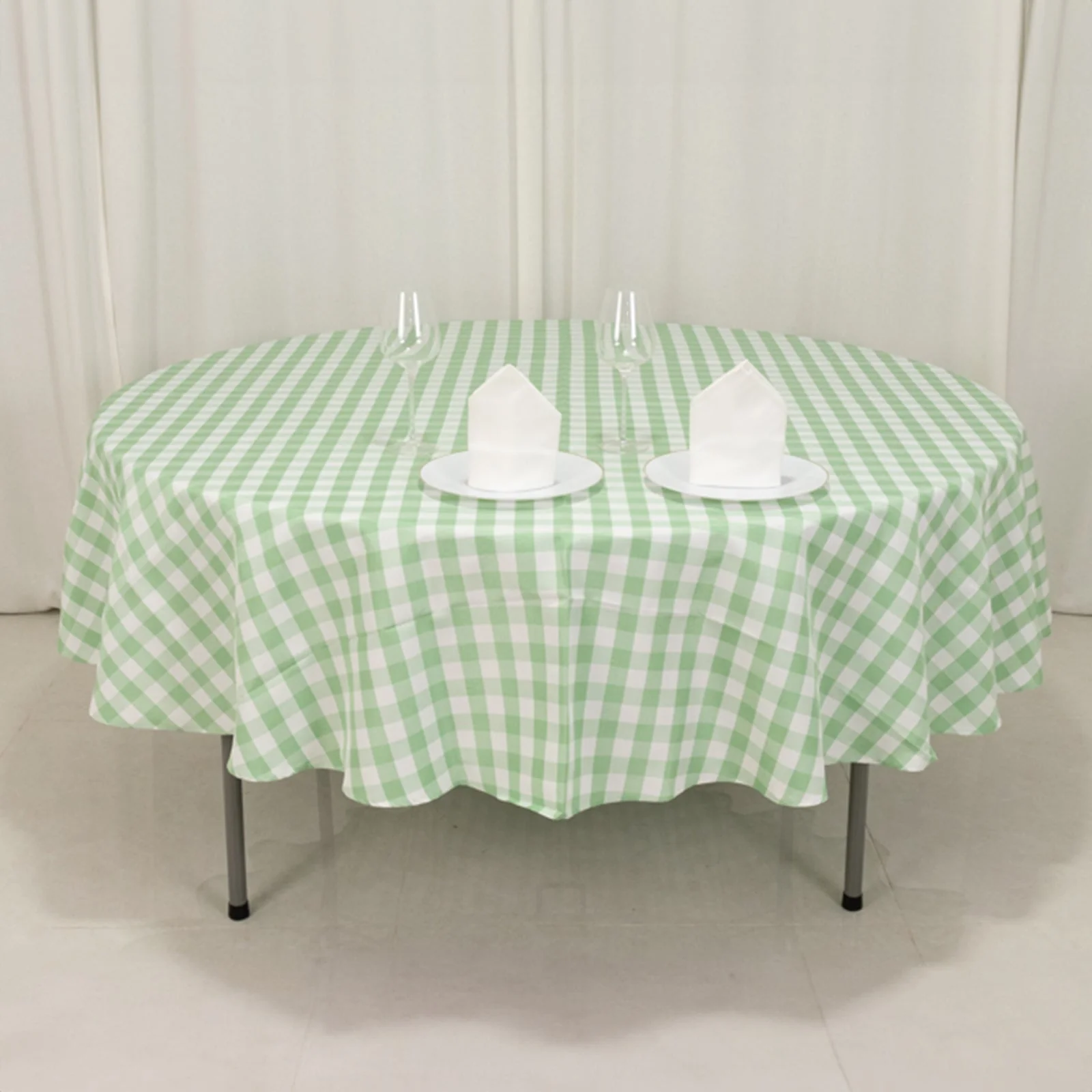 Polyester Round Tablecloth 90" White/Sage Green Checkered Buffalo Plaid Table Cover - Image 6