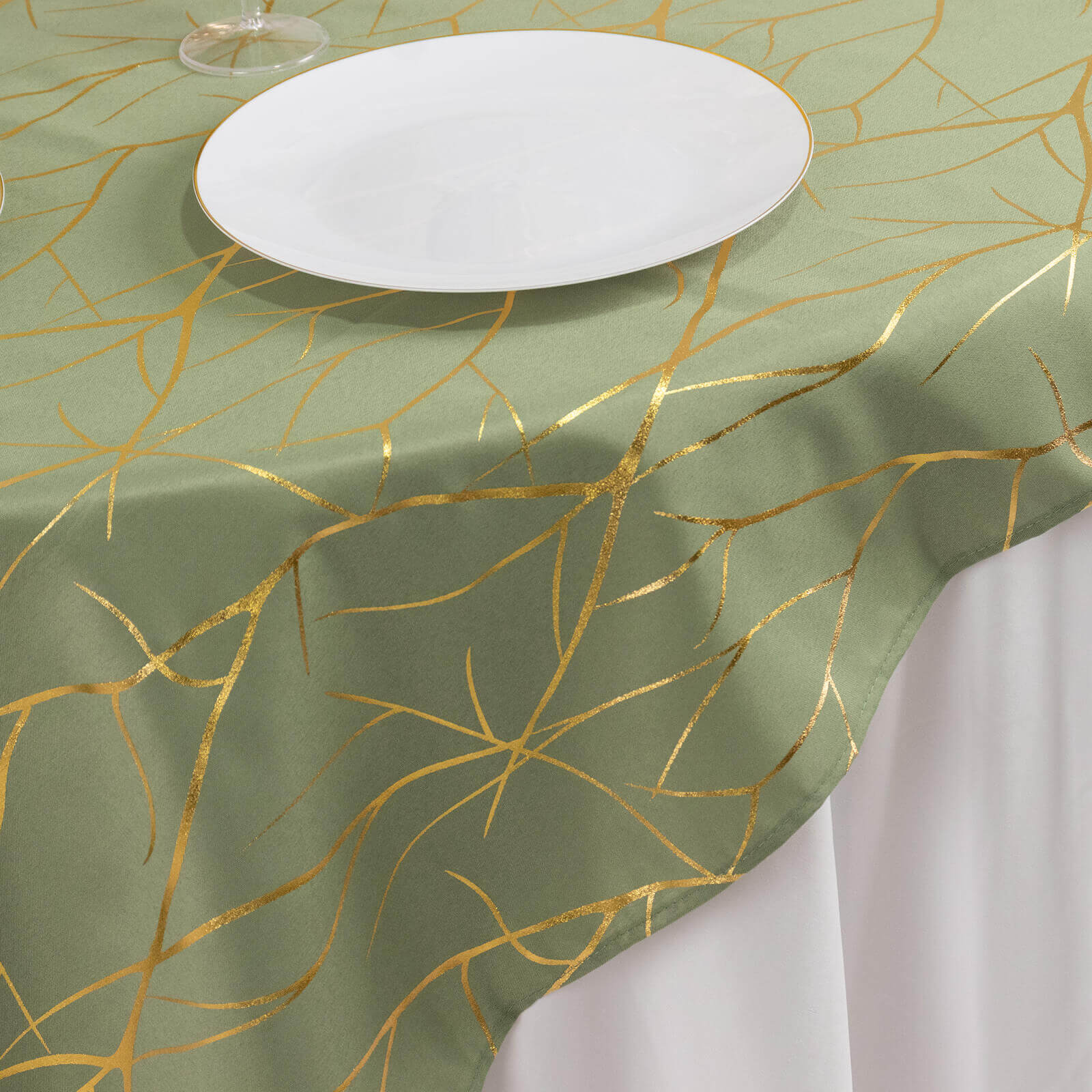 Polyester Square Overlay Tablecloth 54"x54" Dusty Sage Green with Gold Foil Tree Branch Pattern - Wrinkle-Resistant & Durable - Image 2