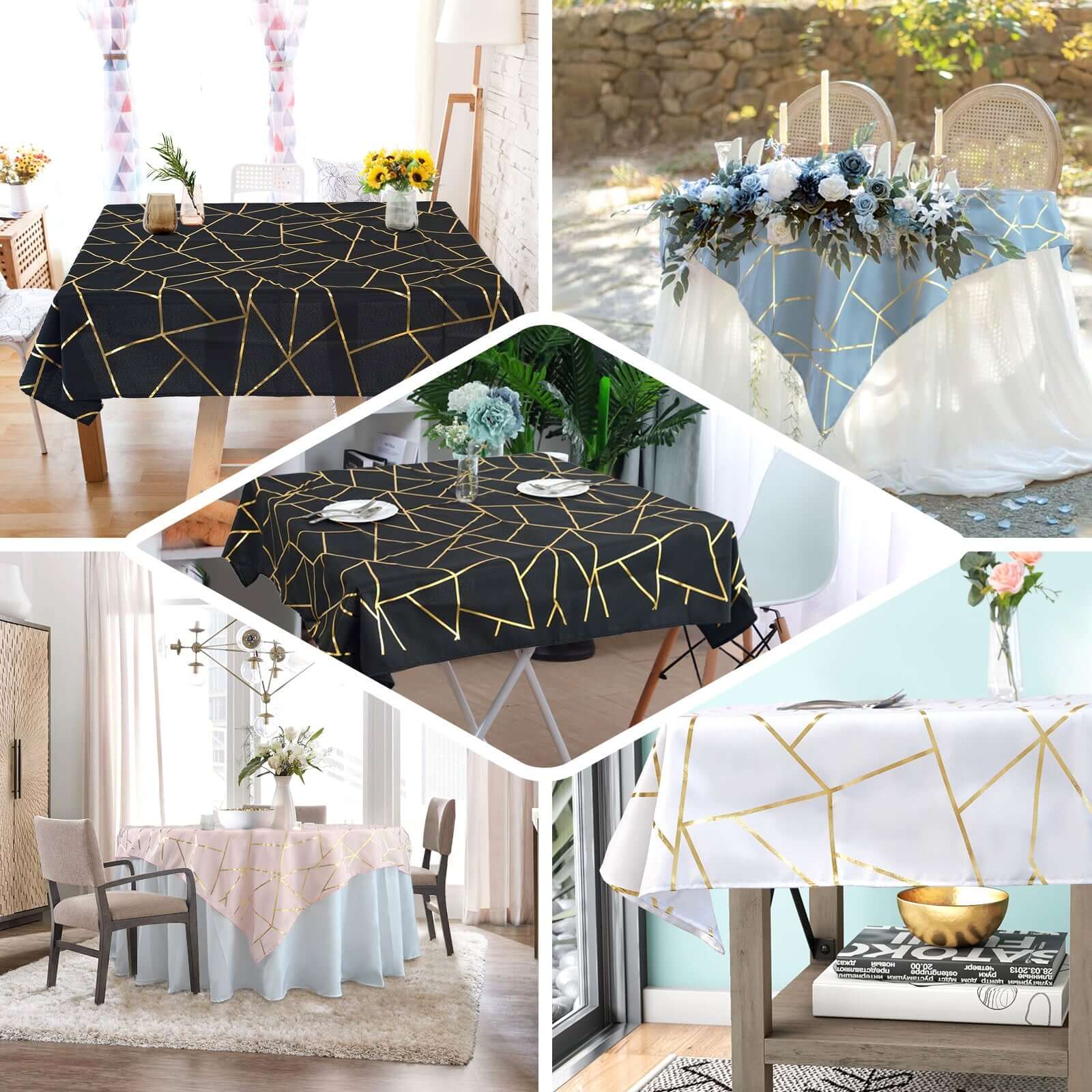 Polyester Square Overlay Tablecloth 54"x54" Sage Green with Gold Foil Geometric Pattern - Wrinkle-Resistant & Durable Table Topper - Image 5