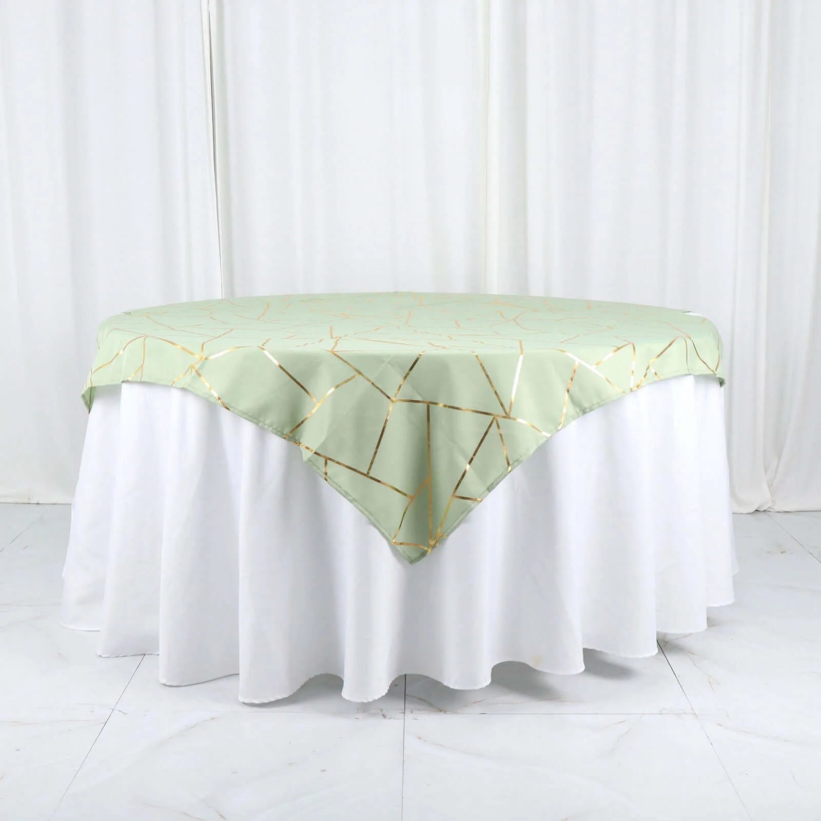 Polyester Square Overlay Tablecloth 54"x54" Sage Green with Gold Foil Geometric Pattern - Wrinkle-Resistant & Durable Table Topper - Image 6