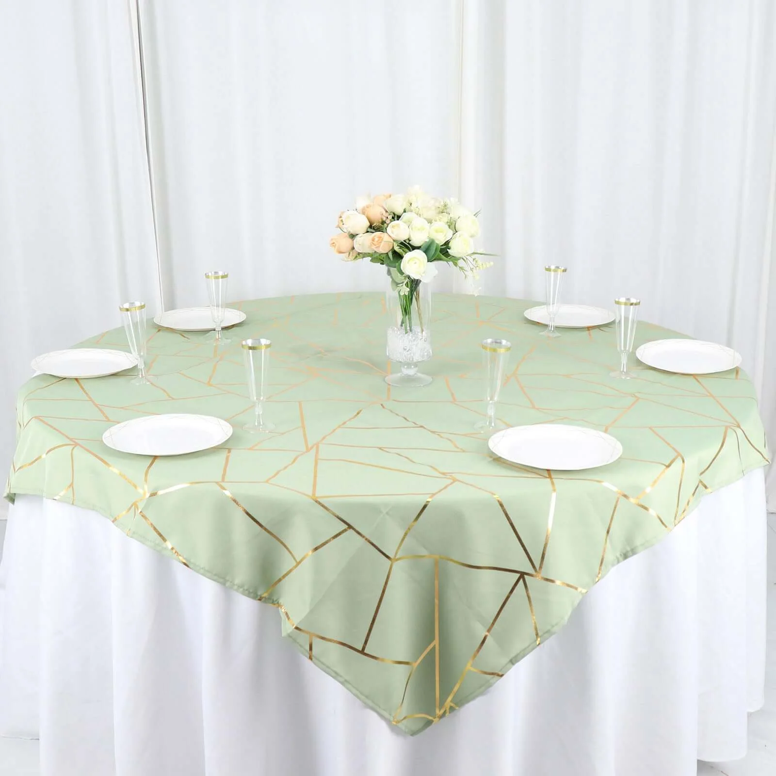 Polyester Square Overlay Tablecloth 54"x54" Sage Green with Gold Foil Geometric Pattern - Wrinkle-Resistant & Durable Table Topper - Image 8