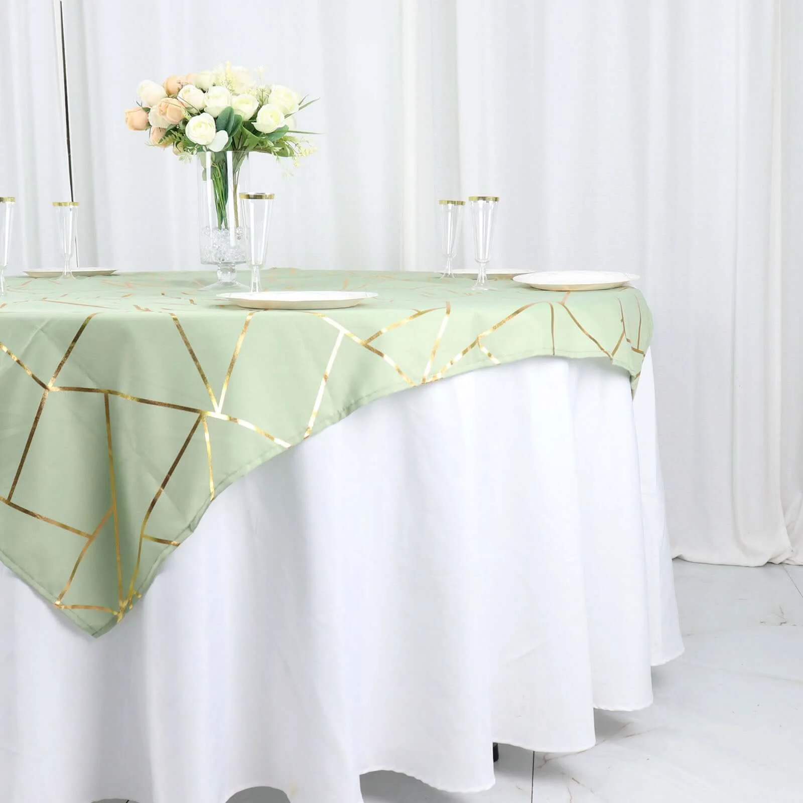 Polyester Square Overlay Tablecloth 54"x54" Sage Green with Gold Foil Geometric Pattern - Wrinkle-Resistant & Durable Table Topper - Image 9