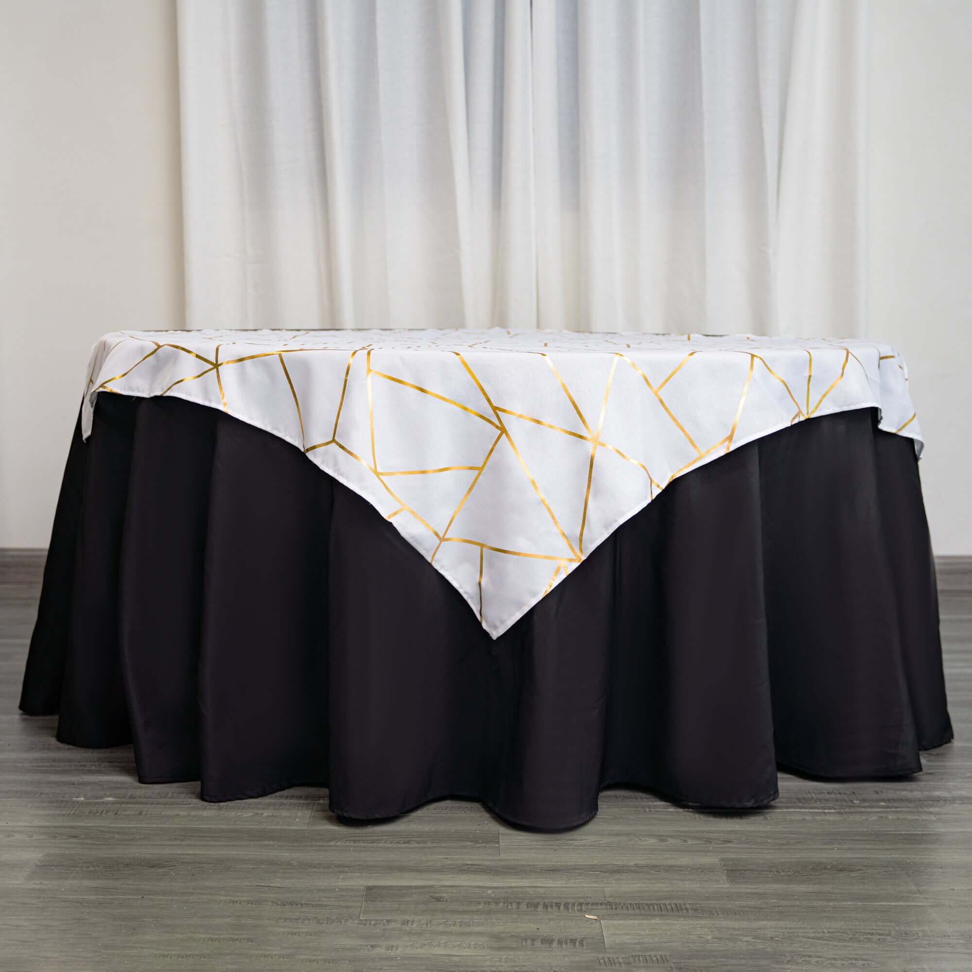 Polyester Square Overlay Tablecloth 54"x54" White with Gold Foil Geometric Pattern - Wrinkle-Resistant and Durable Table Topper for Chic Weddings & Events