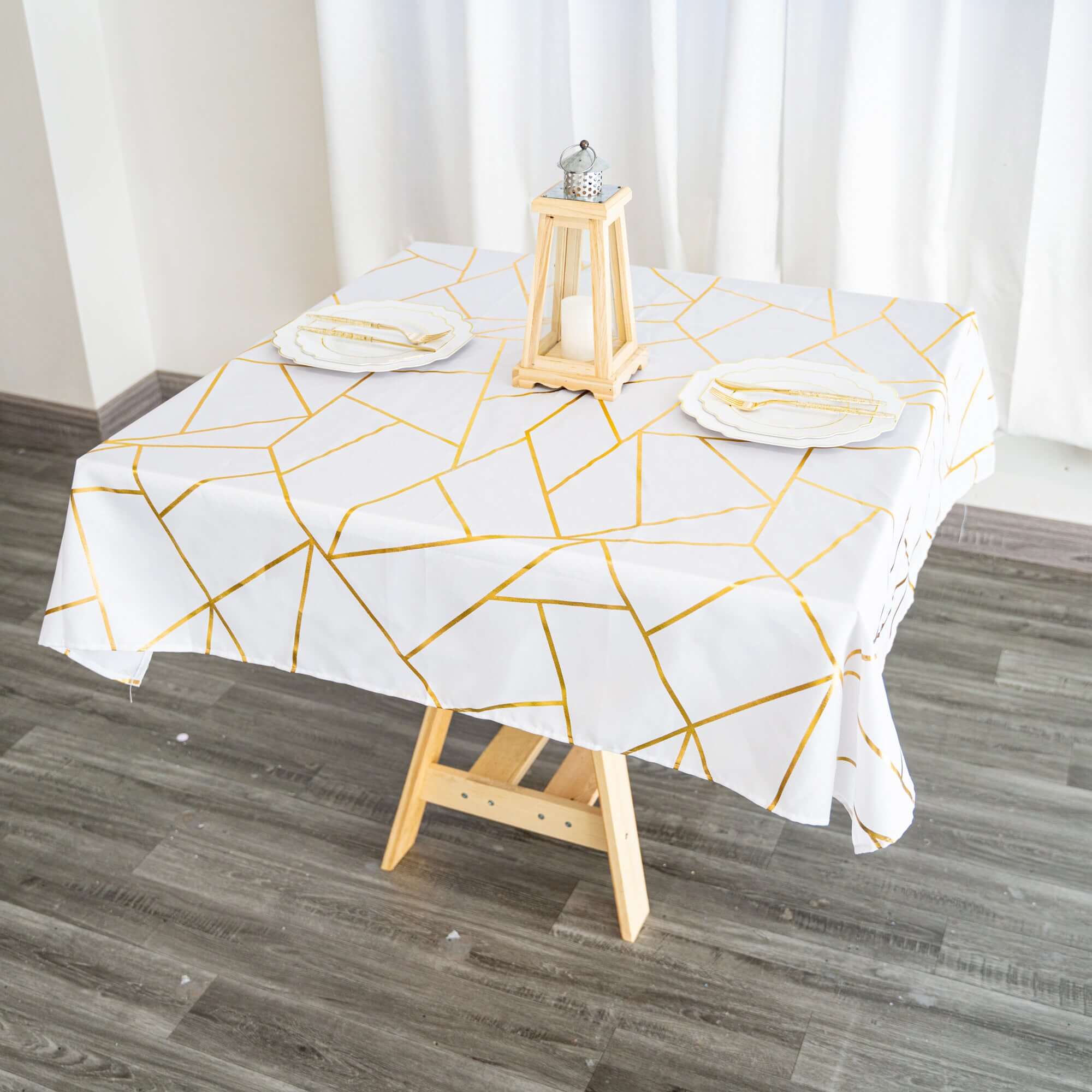 Polyester Square Overlay Tablecloth 54"x54" White with Gold Foil Geometric Pattern - Wrinkle-Resistant and Durable Table Topper for Chic Weddings & Events - Image 10
