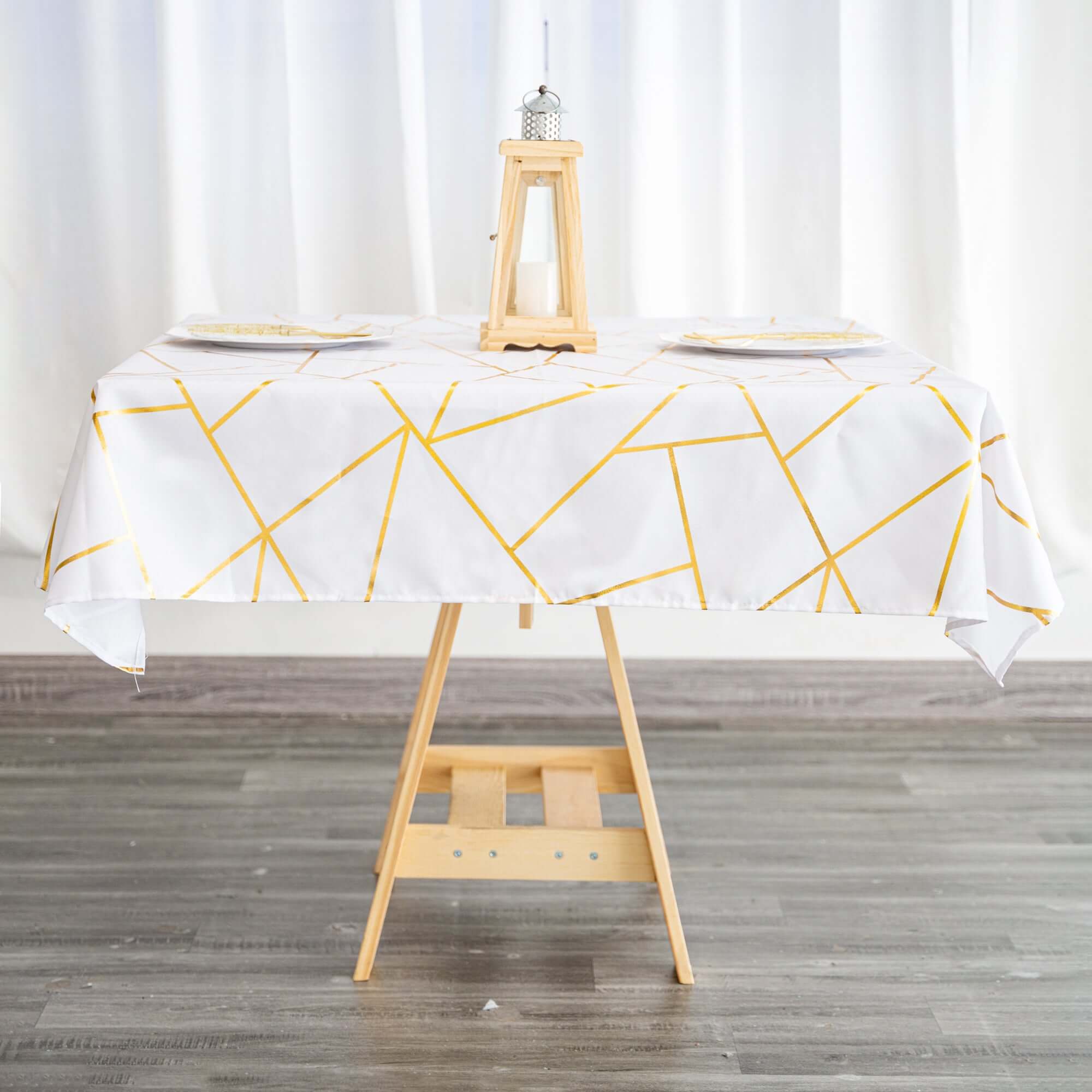Polyester Square Overlay Tablecloth 54"x54" White with Gold Foil Geometric Pattern - Wrinkle-Resistant and Durable Table Topper for Chic Weddings & Events - Image 13