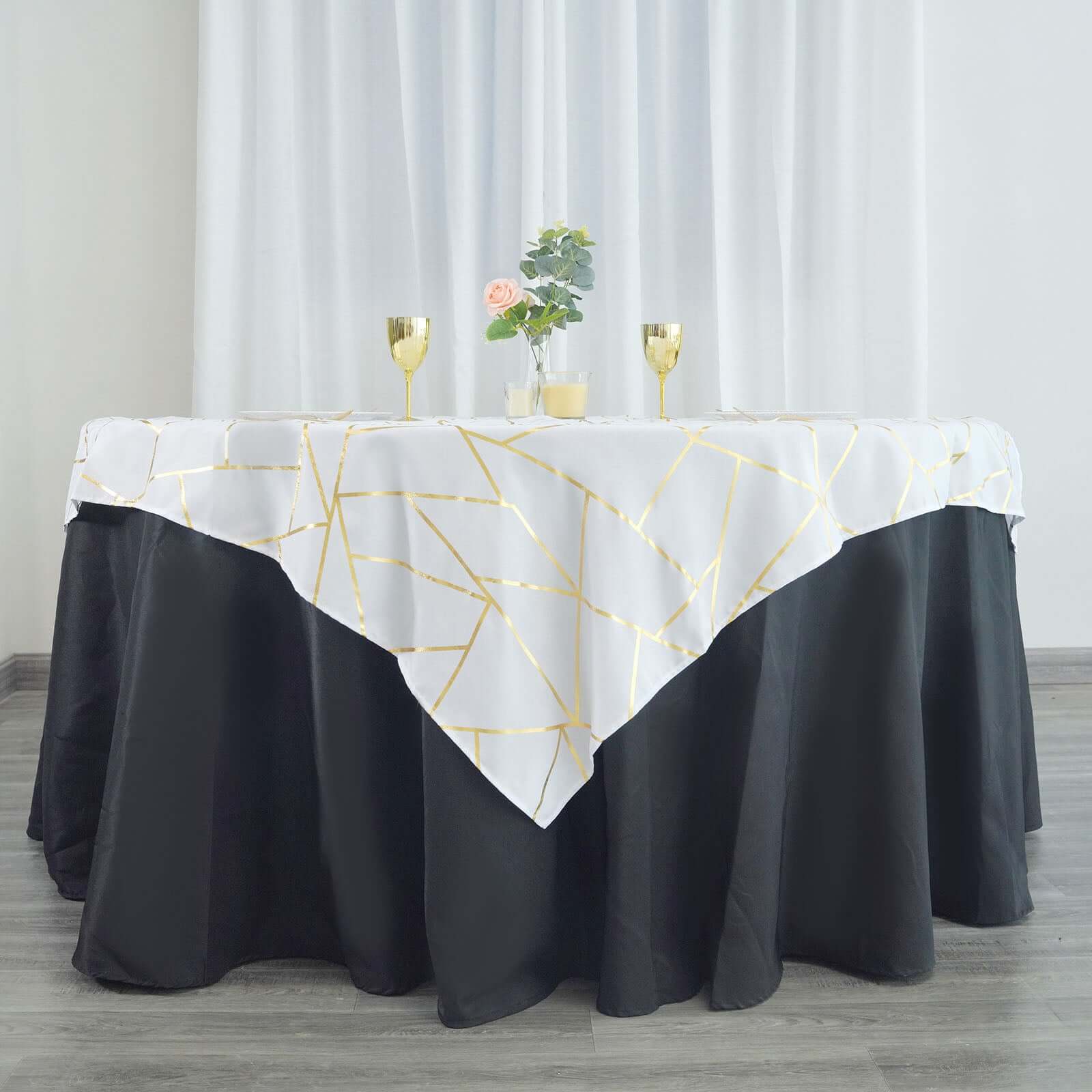 Polyester Square Overlay Tablecloth 54"x54" White with Gold Foil Geometric Pattern - Wrinkle-Resistant and Durable Table Topper for Chic Weddings & Events - Image 22
