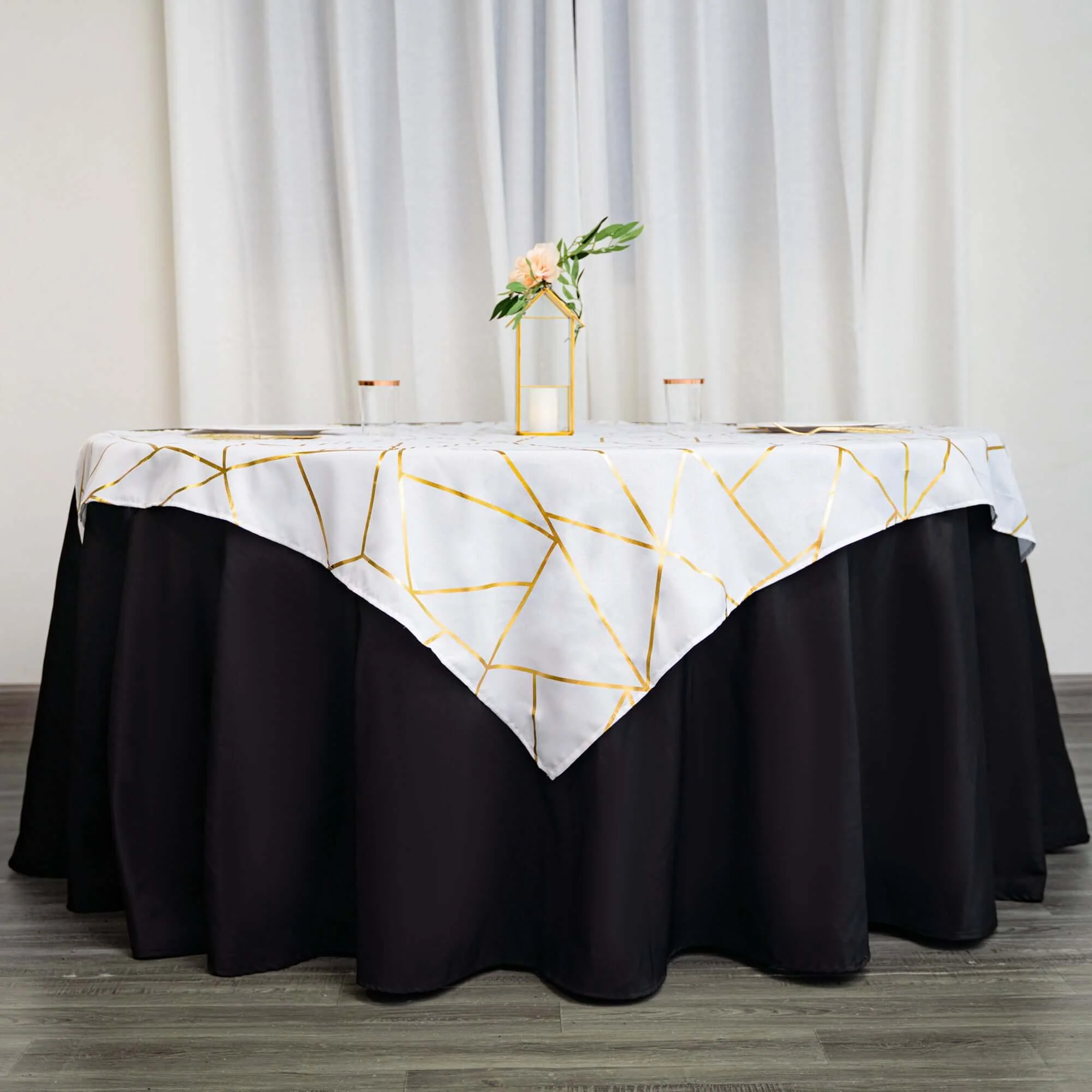 Polyester Square Overlay Tablecloth 54"x54" White with Gold Foil Geometric Pattern - Wrinkle-Resistant and Durable Table Topper for Chic Weddings & Events - Image 5