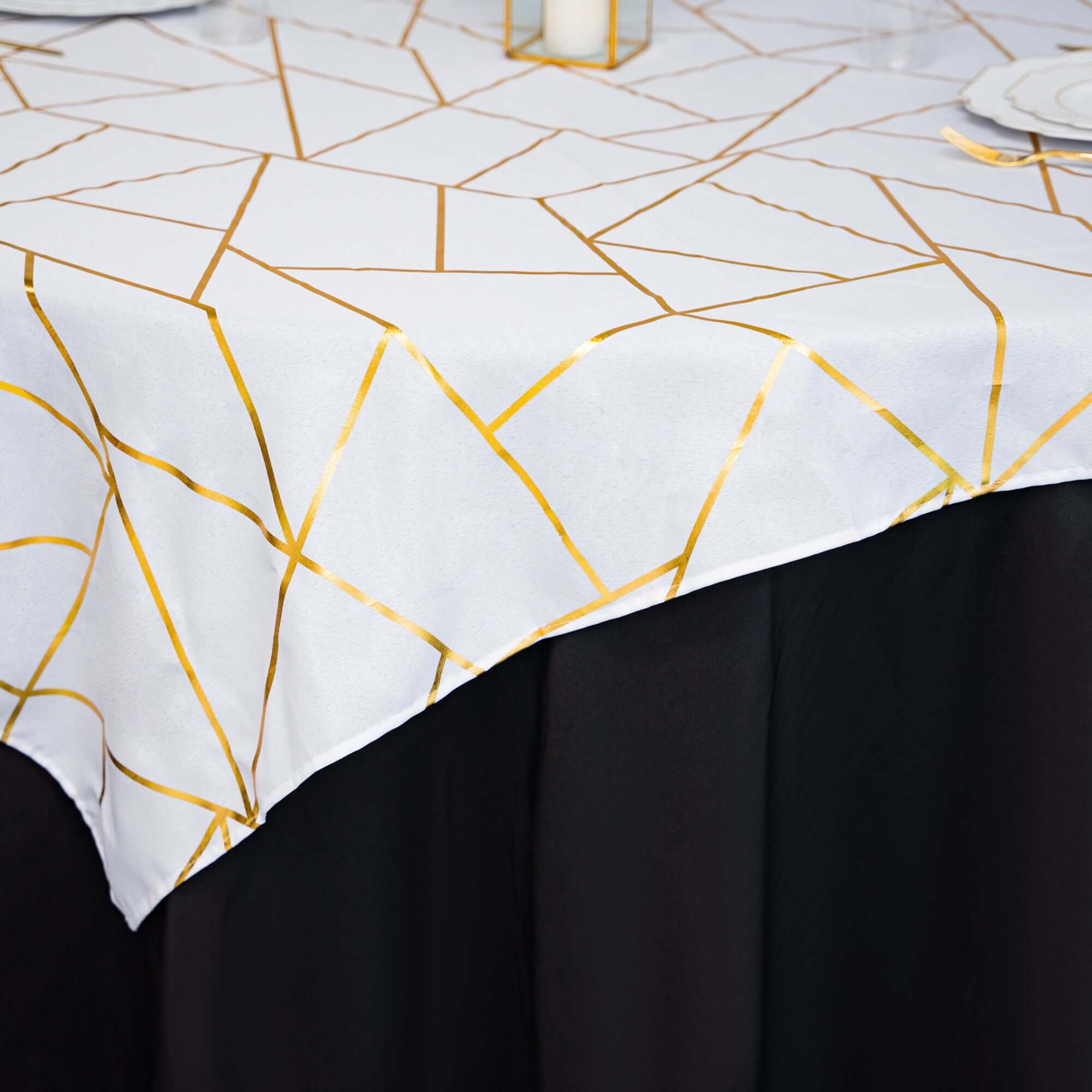 Polyester Square Overlay Tablecloth 54"x54" White with Gold Foil Geometric Pattern - Wrinkle-Resistant and Durable Table Topper for Chic Weddings & Events - Image 6