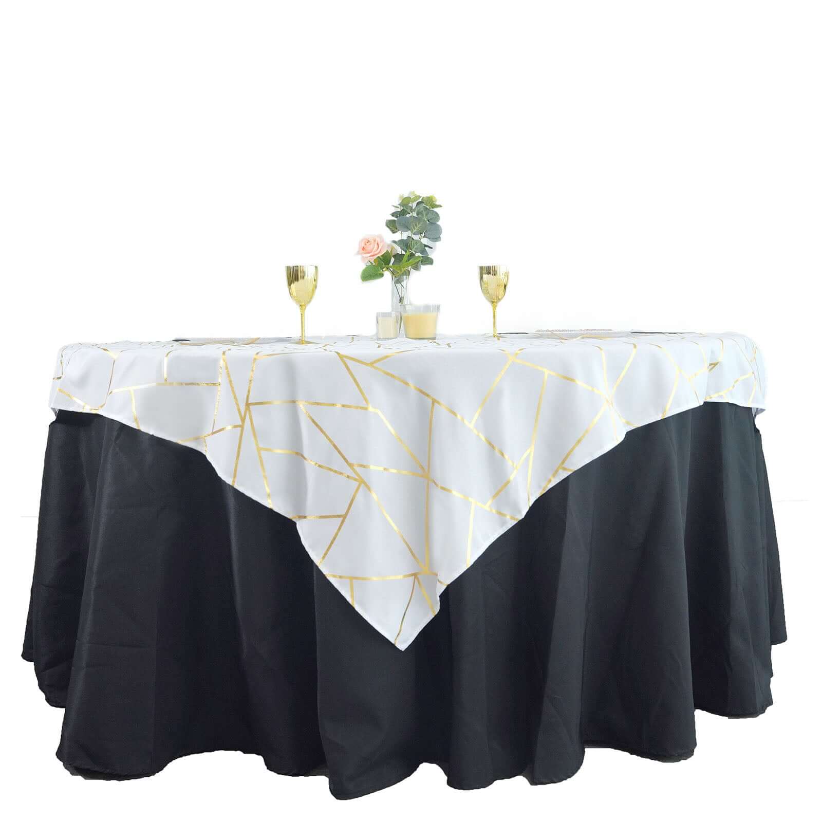 Polyester Square Overlay Tablecloth 54"x54" White with Gold Foil Geometric Pattern - Wrinkle-Resistant and Durable Table Topper for Chic Weddings & Events - Image 8
