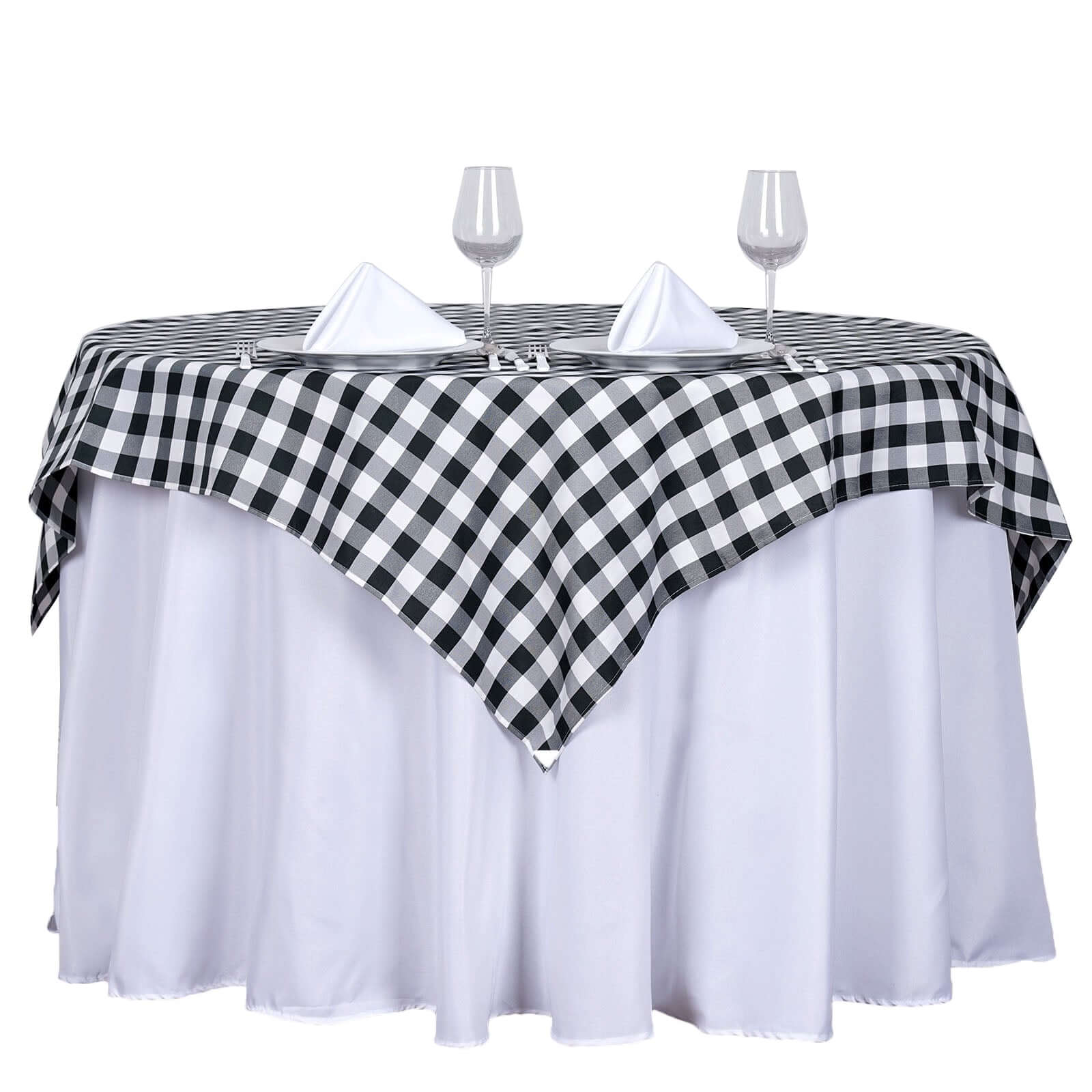 Polyester Square Table Overlay 54"x54" White/Black Checkered Buffalo Plaid Tablecloth Topper - Image 7