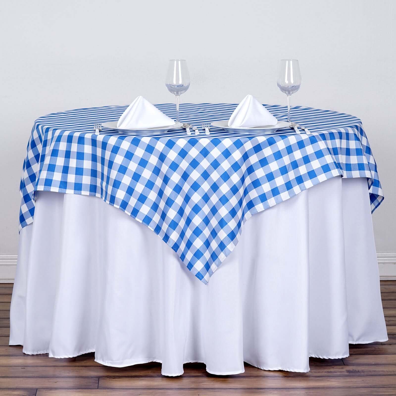 Polyester Square Table Overlay 54"x54" White/Blue Checkered Buffalo Plaid Tablecloth Topper