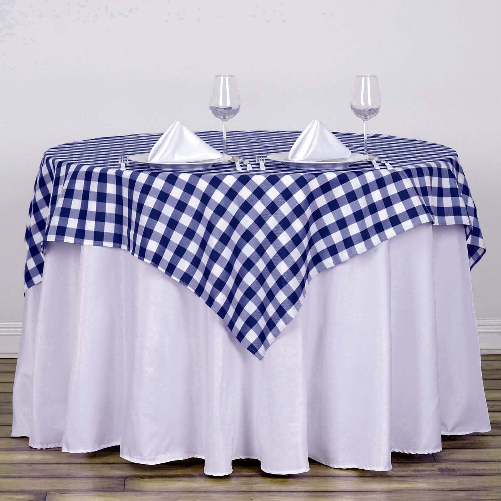 Polyester Square Table Overlay 54"x54" White/Navy Blue Checkered Buffalo Plaid Tablecloth Topper